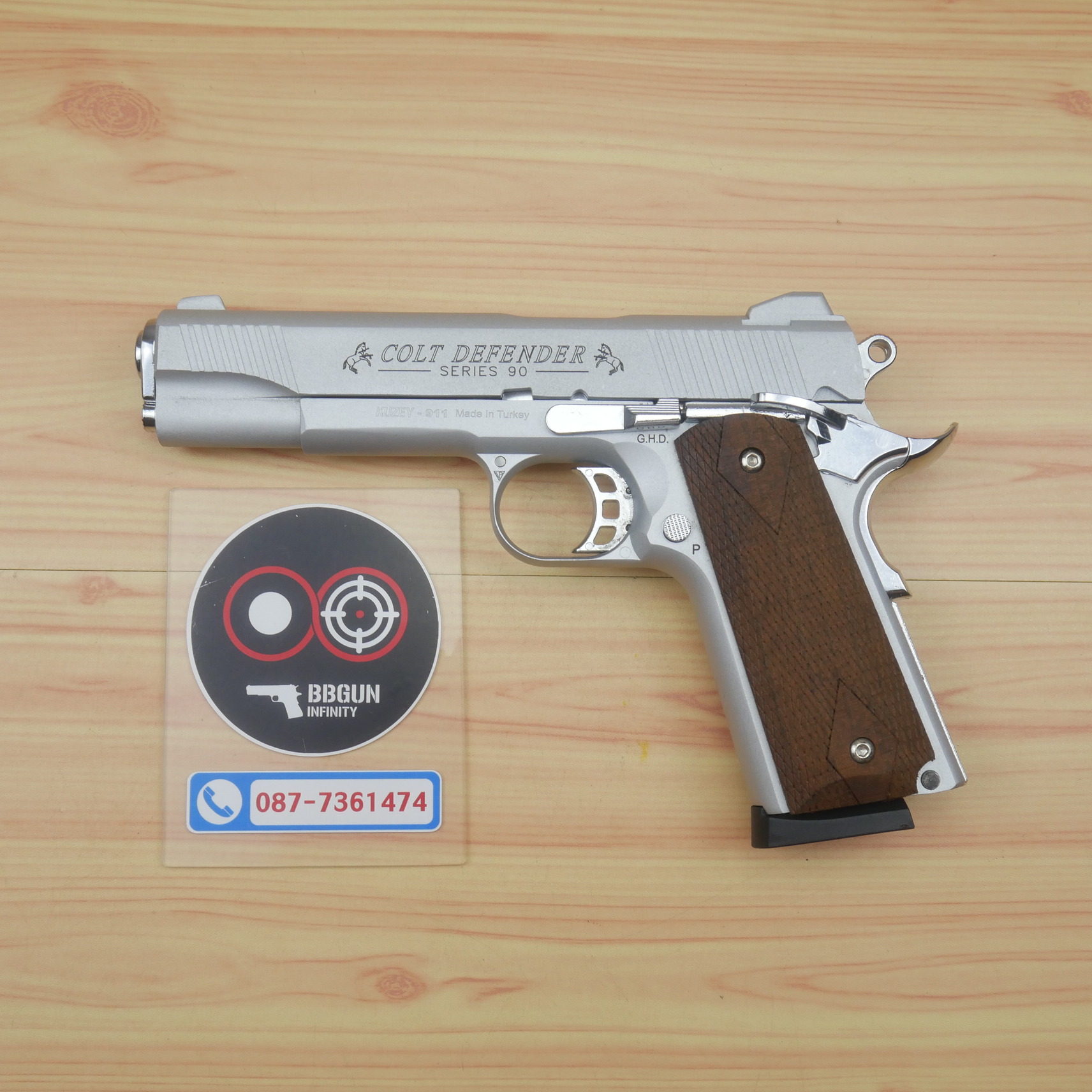 แบลงค์กัน KUZEY M1911 COLT'S DEFENDER SERIES 90 สีเงินด้าน 5 นิ้ว ด้ามไม้ Blank Gun
