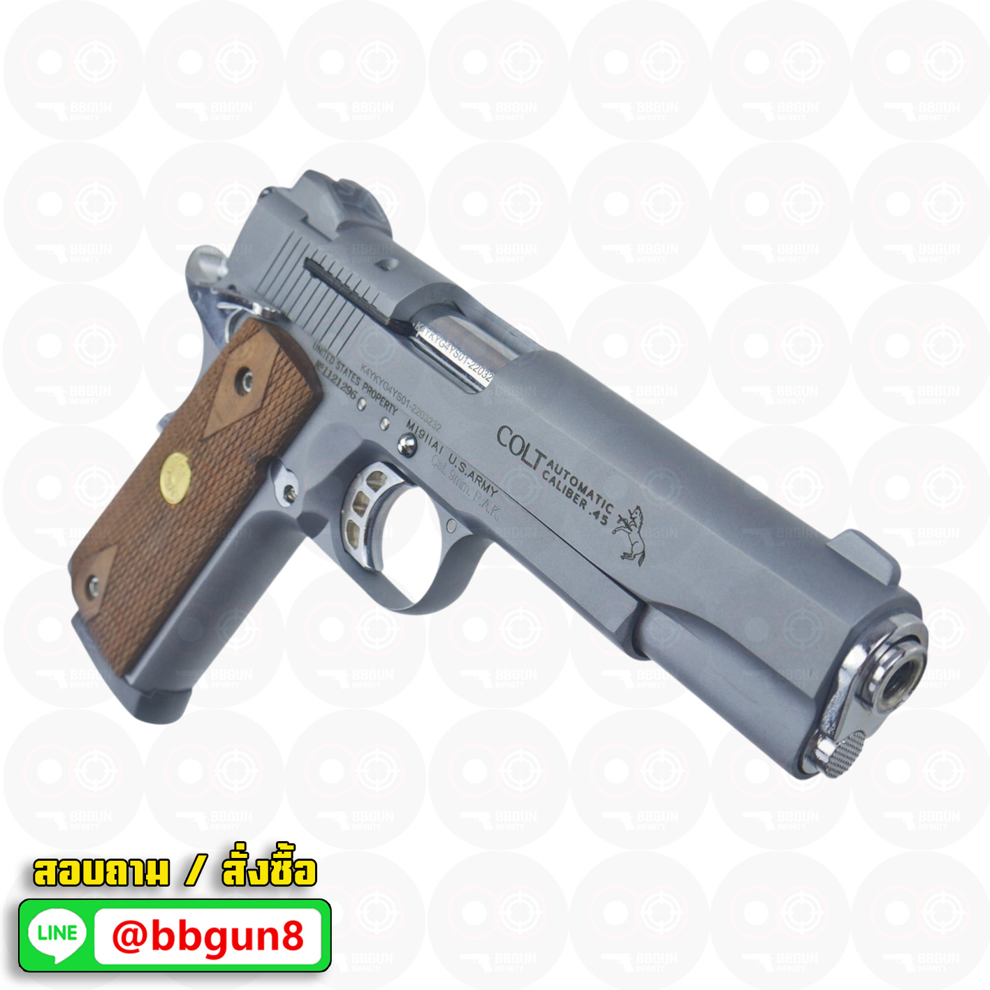 Blank Gun KUZEY M1911 COLT'S DEFENDER SERIES 90 ลำกล้อง 5 นิ้ว สีสโมค แบลงค์กัน ด้ามไม้ (แถมกล่องใส่ปืน)