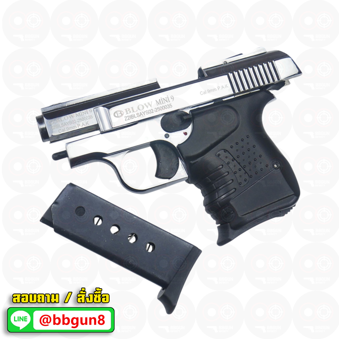 แบลงค์กัน BLOW MINI 9 สีเงินเงา SHINY CHROME Blank Gun ( 2 แม็กกาซีน + กล่องปืน )