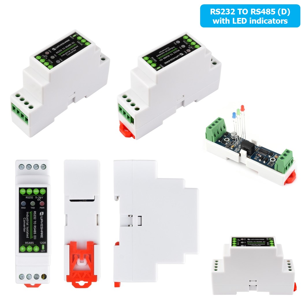 ZE201 WAVESHARE RS232 TO RS485 (D) with LED Converter Active Digital Isolator, Rail-Mount, 600W Lightningproof & Anti-Surge, Multi-isolation protection