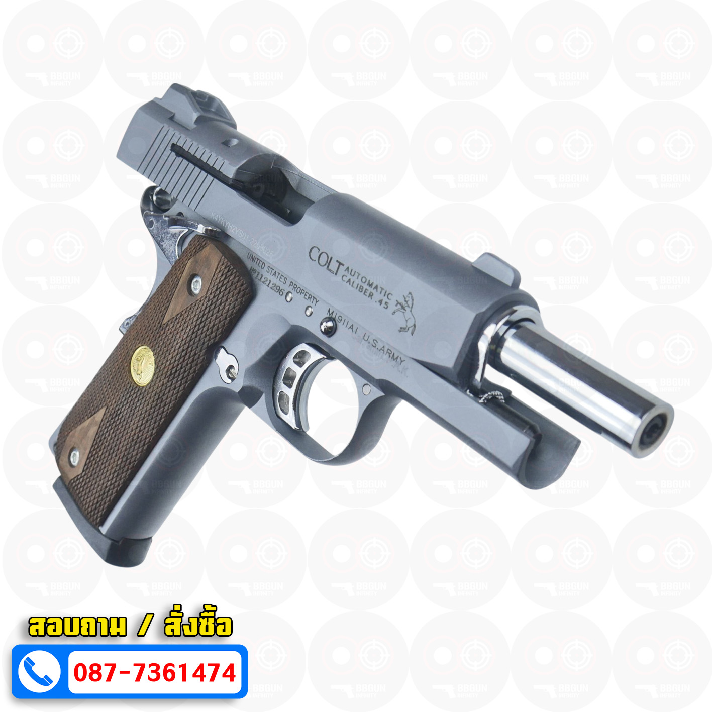 แบลงค์กัน KUZEY M1911 COLT'S MK IV SERIES'70 สีสโม๊ค 4 นิ้ว (smoke) ด้ามไม้ blank gun