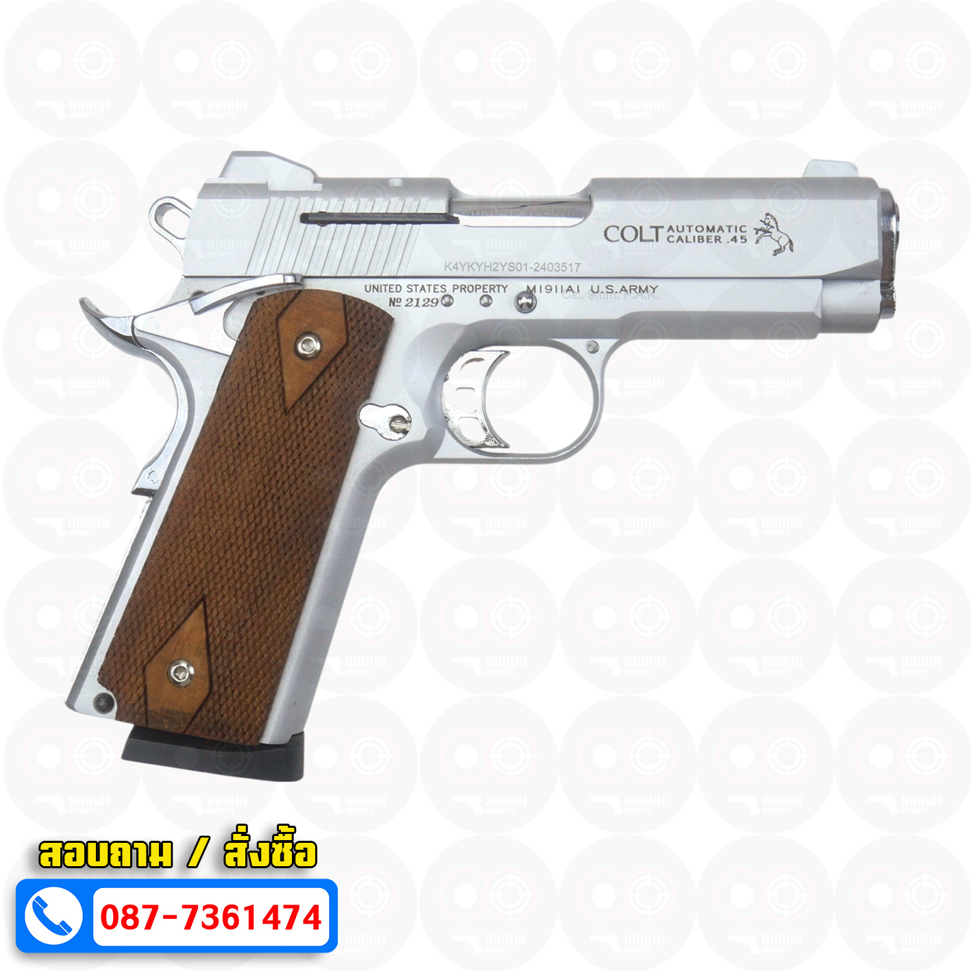 แบลงค์กัน KUZEY M1911 COLT MK IV SR70 สีเงินด้าน 4 นิ้ว ด้ามไม้ blank gun