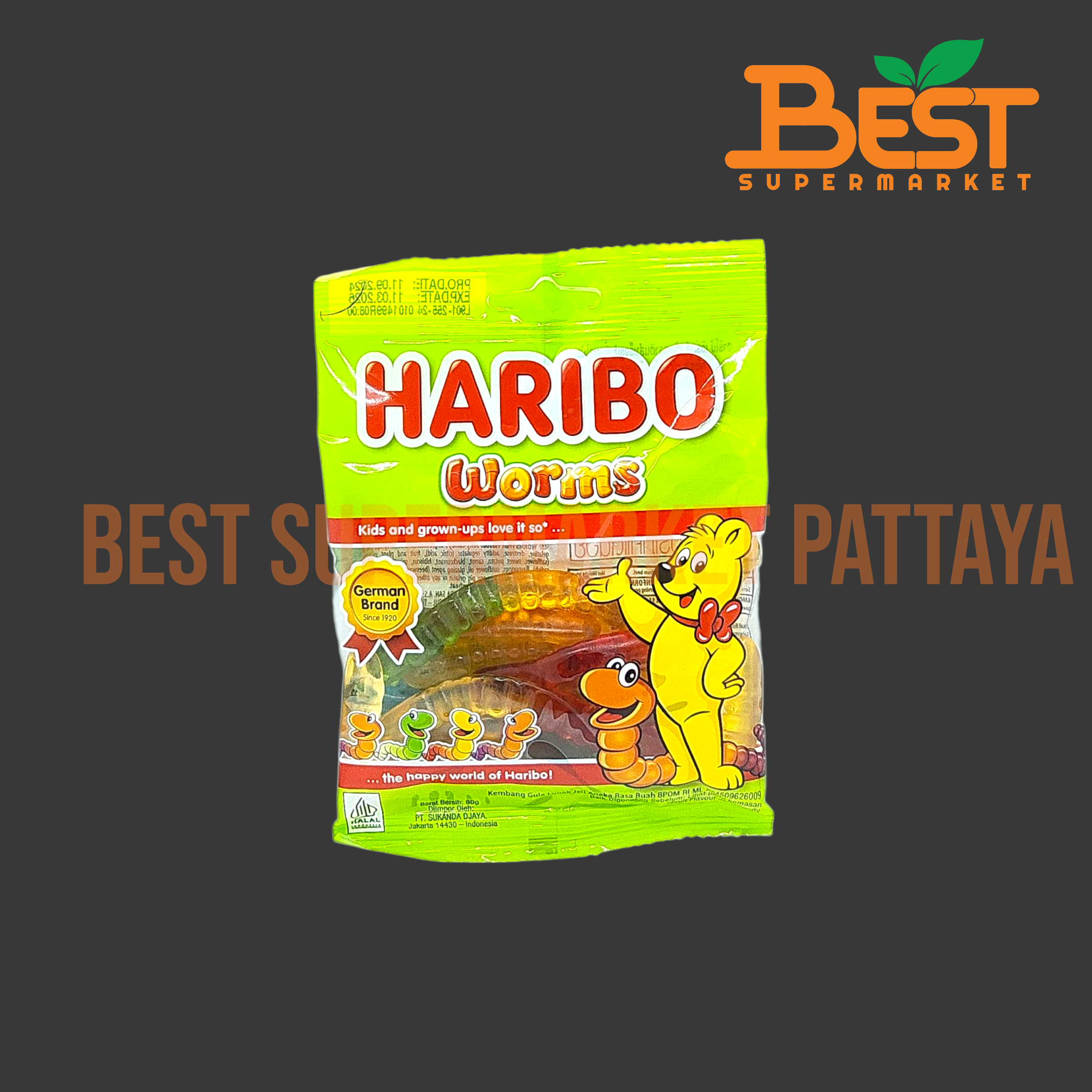 ฮาริโบ้ วุ้นเจราตินสำเร็จรูปกลิ่นผลไม้รวม 80 กรัม.Haribo Worms 80 g.