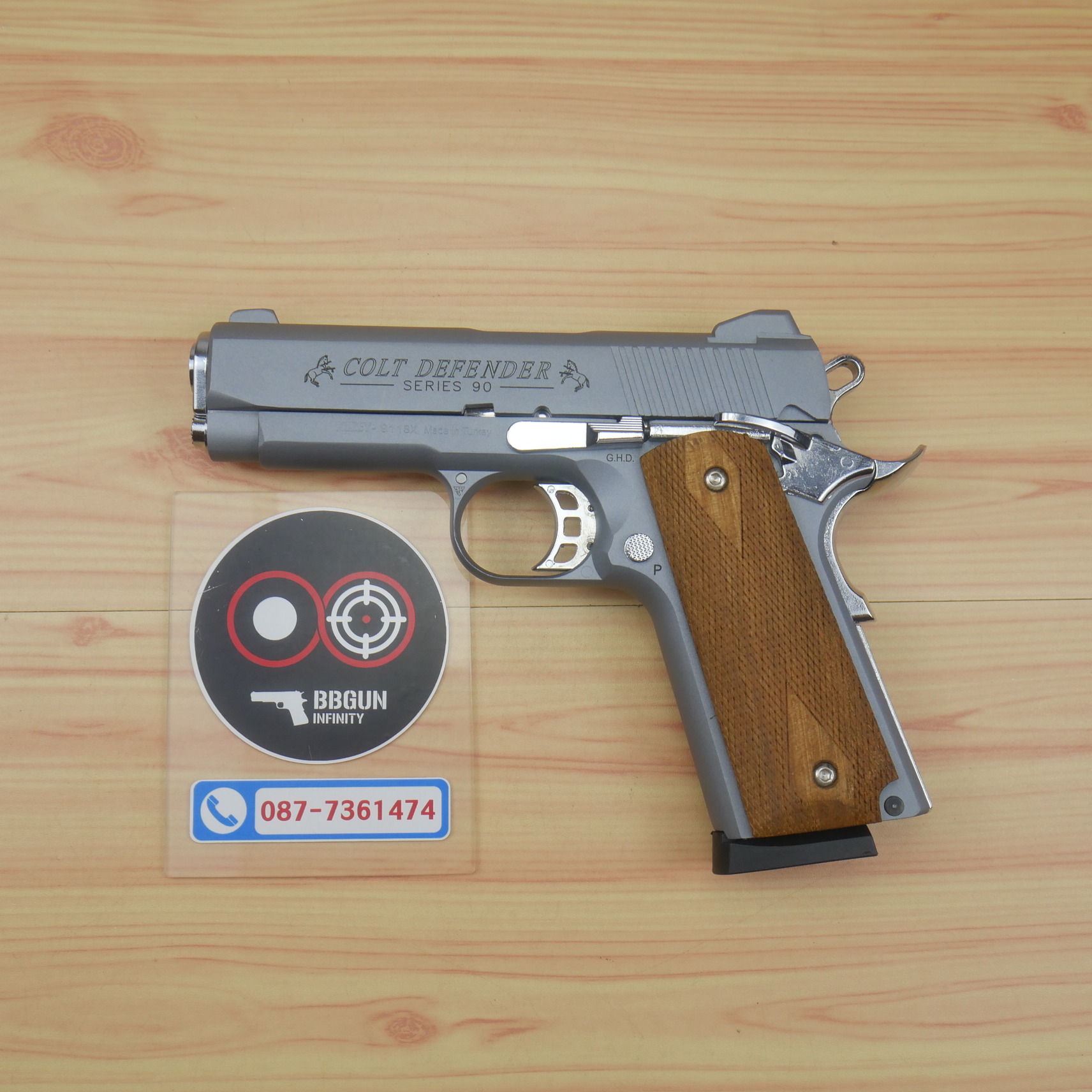Blank Gun KUZEY M1911 COLT'S DEFENDER SERIES 90 ลำกล้อง 5 นิ้ว สีสโมค แบลงค์กัน ด้ามไม้ (แถมกล่องใส่ปืน)