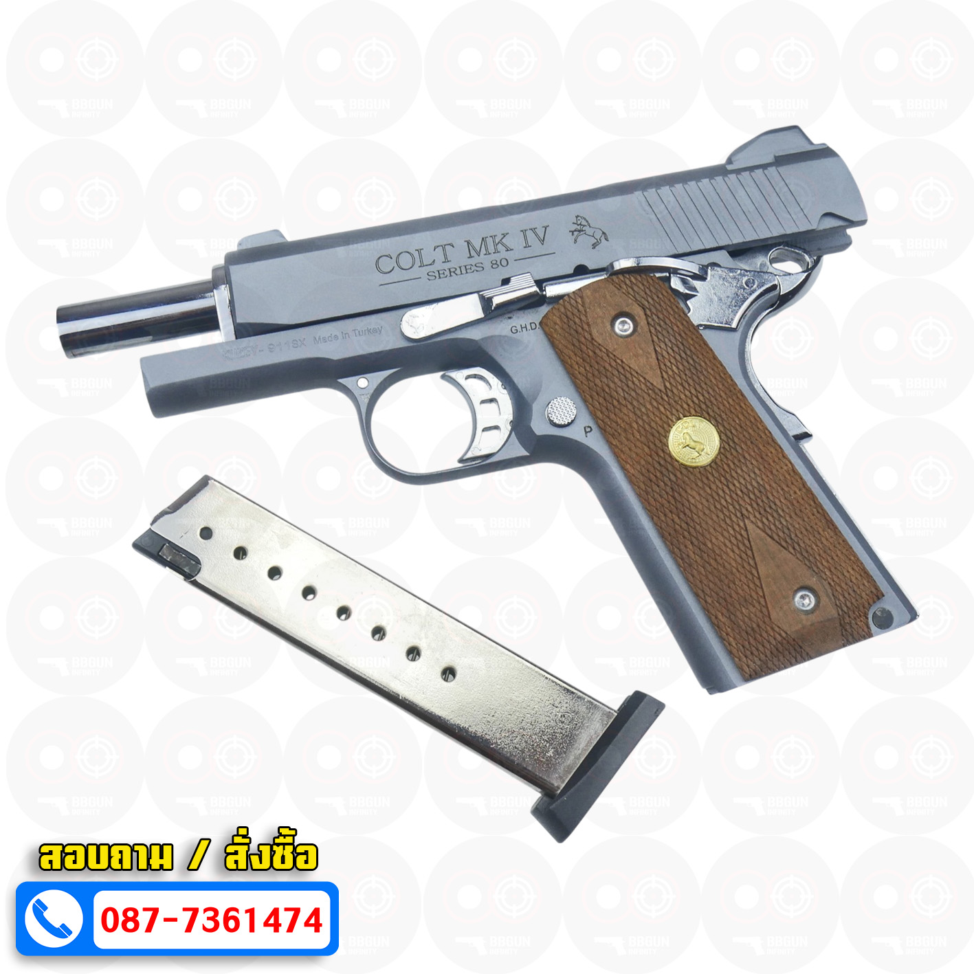 แบลงค์กัน KUZEY M1911 COLT MK IV SERIES 80 Smoke 4 นิ้ว สีสโมค ด้ามไม้ Blank Gun