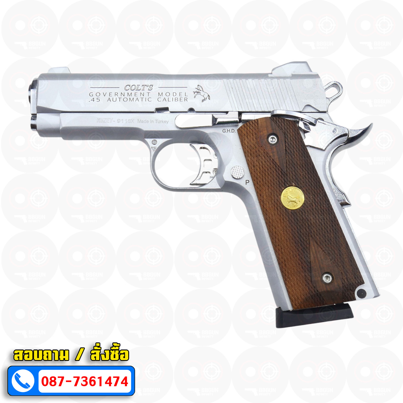 Blank Gun KUZEY Colt Government 100 Years ลํากล้อง 4 นิ้ว เงินด้าน แบลงค์กัน ด้ามไม้ (แถมกล่องใส่ปืน)