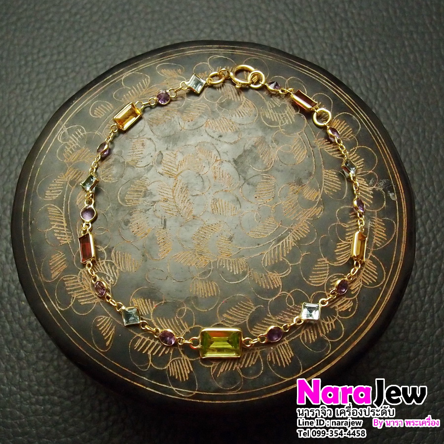 สร้อยข้อมือ ประดับพลอยแท้ 5 สี พลอยเจียระไน ทรงเอเมอรัลด์คัต (Emeral cuts) คั่นพลอยเจียระไนแฟนซีสไตล์