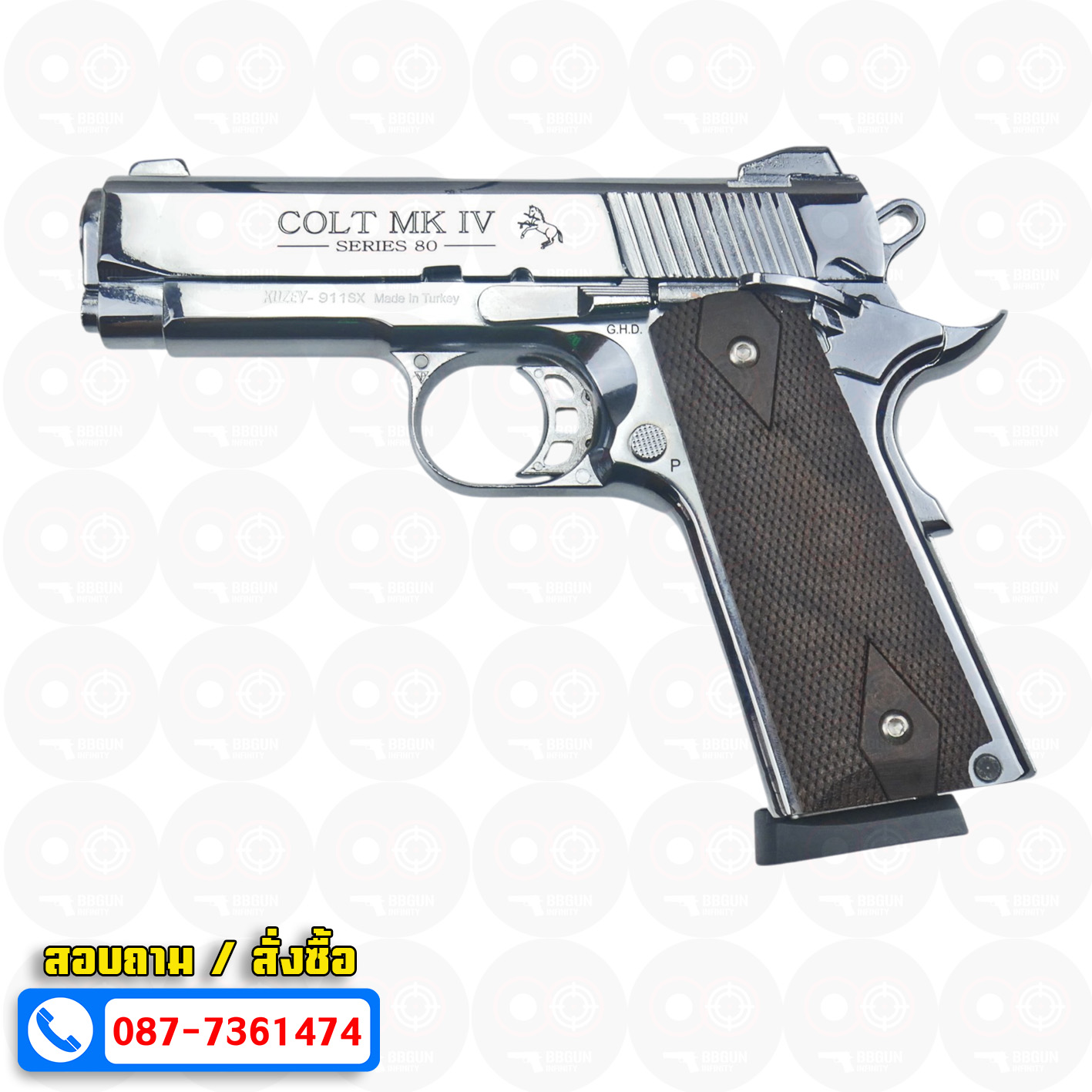 แบลงค์กัน KUZEY M1911 COLT'S MK IV SERIES 80 blank gun สีเงินเงา ลำ 4 นิ้ว ด้ามไม้