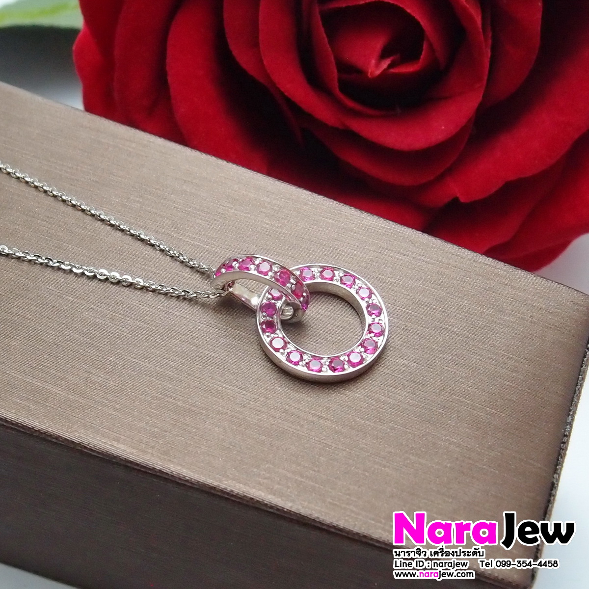 จี้พลอยแท้ พิ้งค์แซฟไฟร์ Pink sapphire ทรงกลม พร้อม สร้อยคอทองแท้ งานนอกอิตาลี ความยาวสร้อยคอ 18 นิ้ว