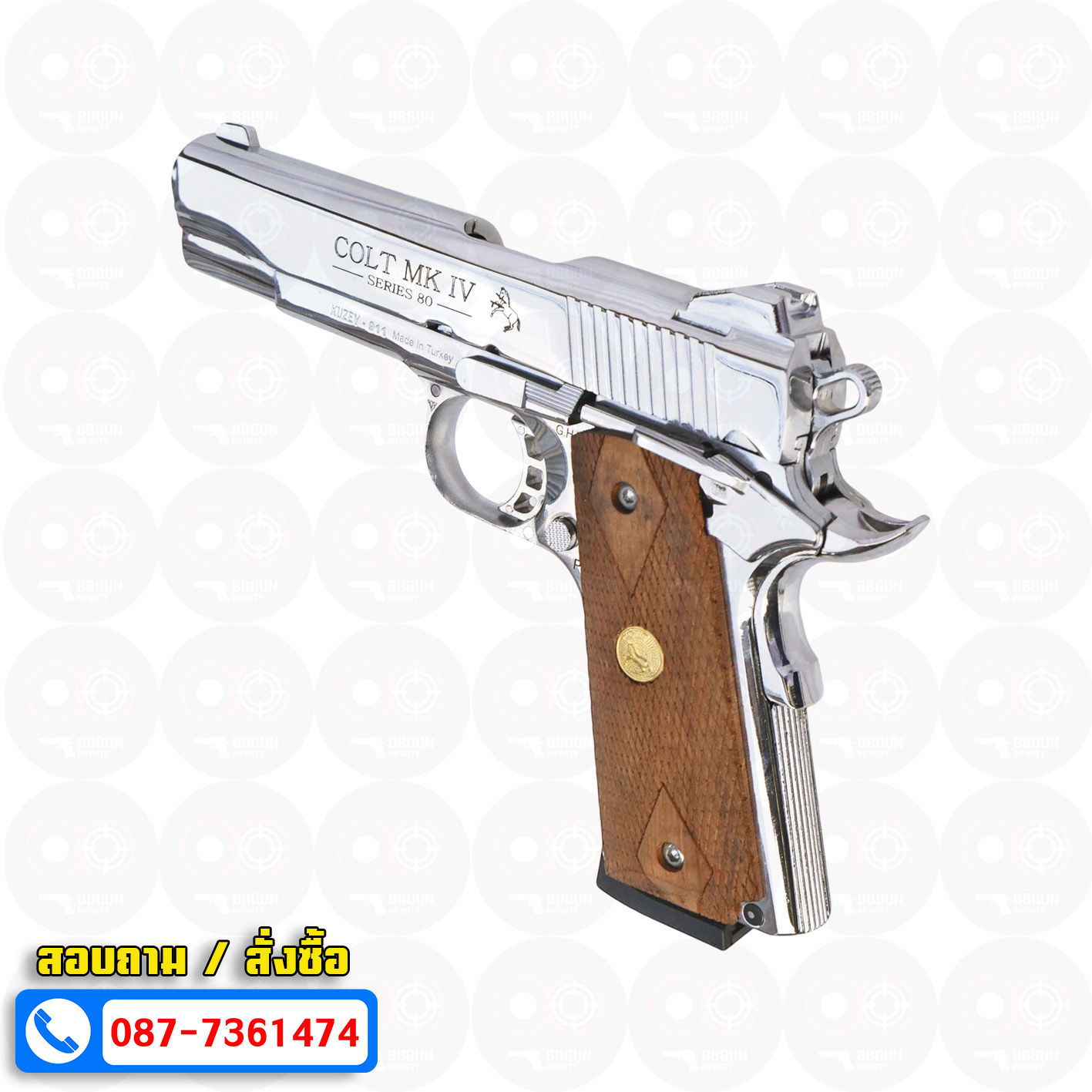 ปืนแบลงค์กัน KUZEY M1911 ลำ 5 นิ้ว COLT'S MK IV SERIES 80 blank gun สีเงินเงา ด้ามไม้ (แถมกล่องใส่ปืน)