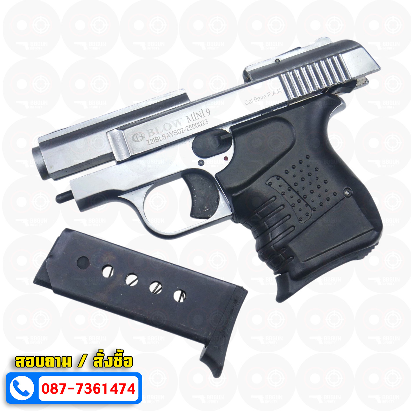 แบลงค์กัน BLOW MINI 9 สีเงินด้าน MATTE CHROME Blank Gun ( 2 แม็กกาซีน + กล่องปืน )