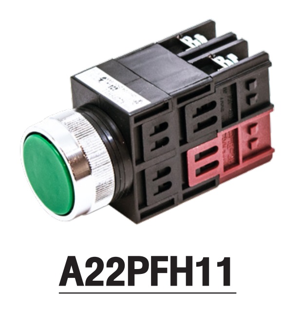 MARUYASU A22PFH11Y, A22PFH11G, A22PFH11R, A22PFH11B, สวิทช์กดหัวเรียบกดค้าง 22 มม. 1NO1NC