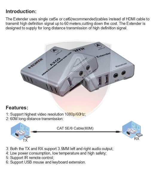 Apollo HDMI Extender AX09 60M 1080P +USB