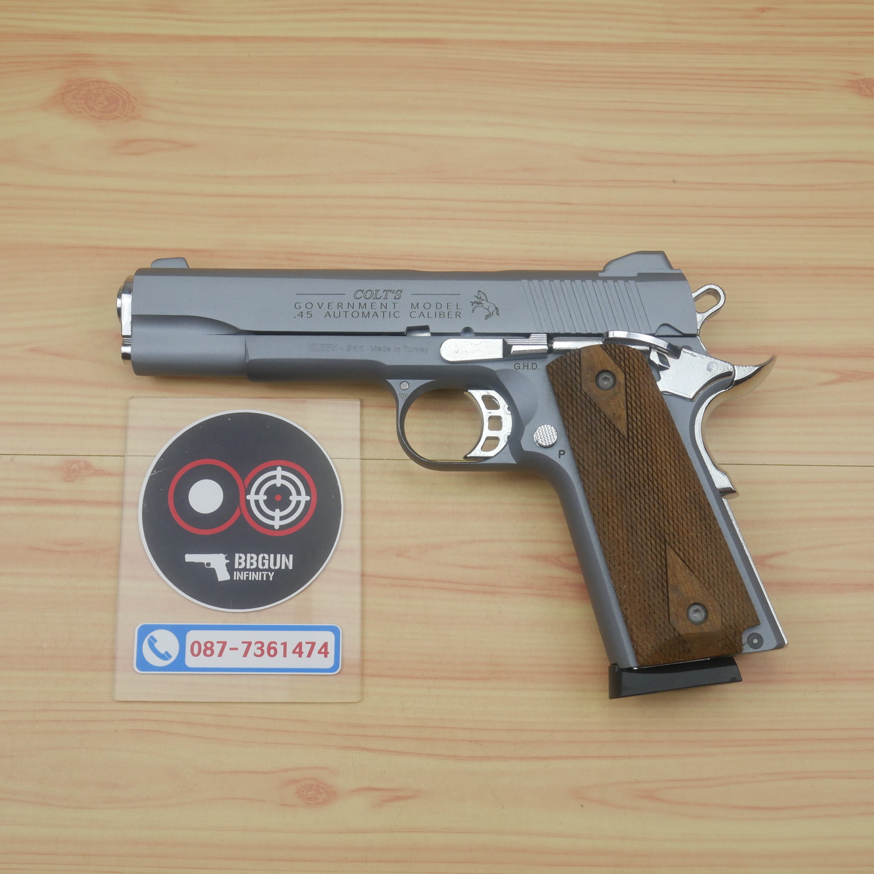 แบลงค์กัน KUZEY M1911 COLT GOVERMENT 100 Year Smoke 5 นิ้ว สีสโมค blank gun ด้ามไม้