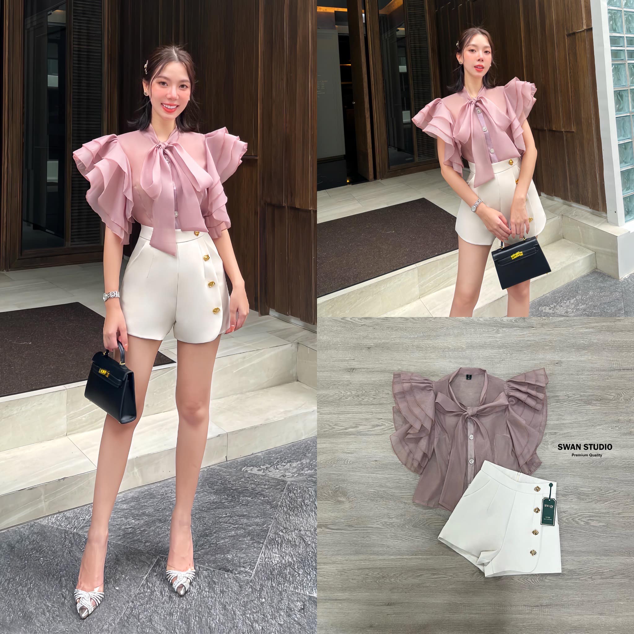 เซทเสื้อสีชมพูกะปิแขนระบาย แต่งสายที่คอไว้ผูกโบว์