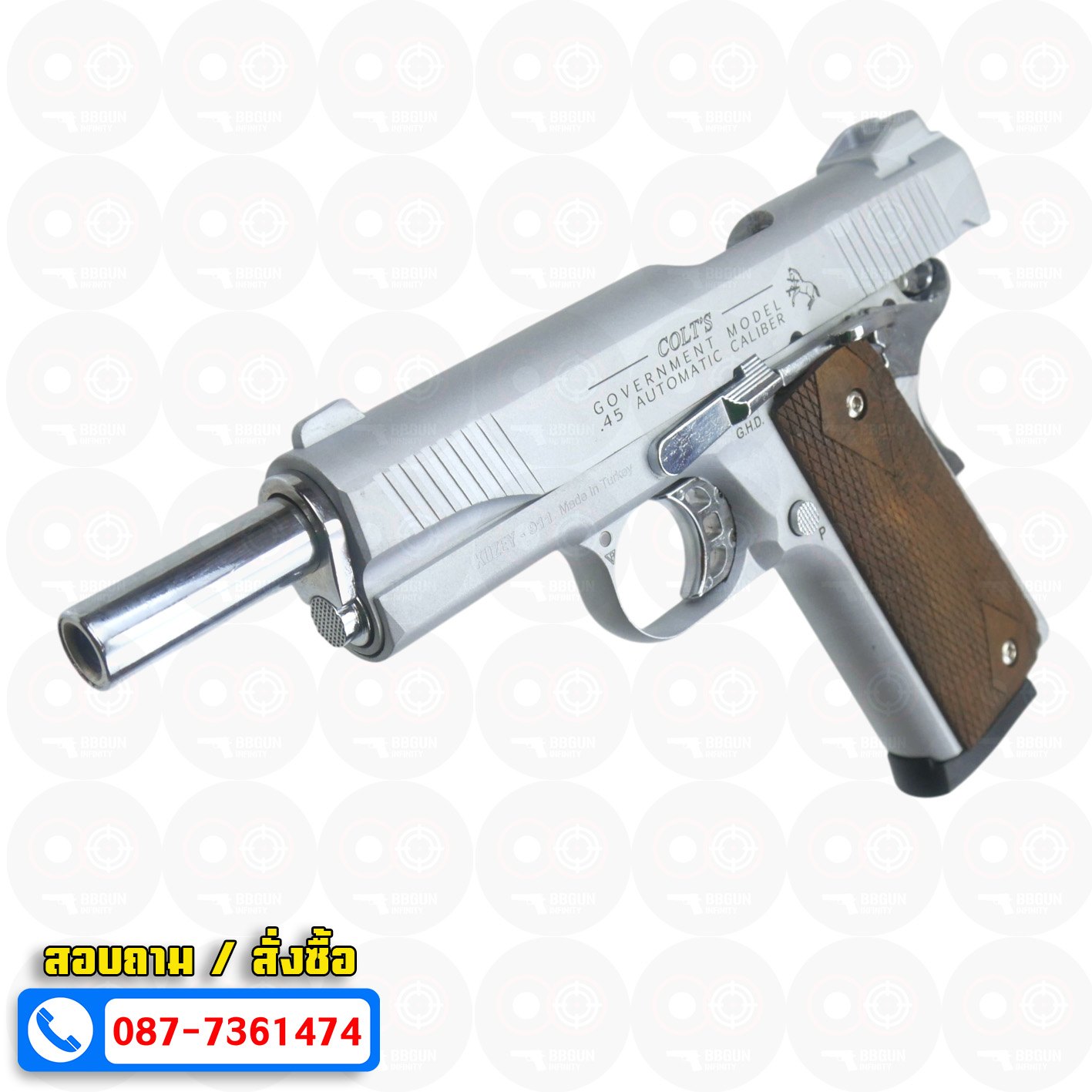 แบลงค์กัน KUZEY M1911 COLT GOVERMENT 100 Year สีเงินด้าน ลำกล้อง 5 นิ้ว blank gun ด้ามไม้