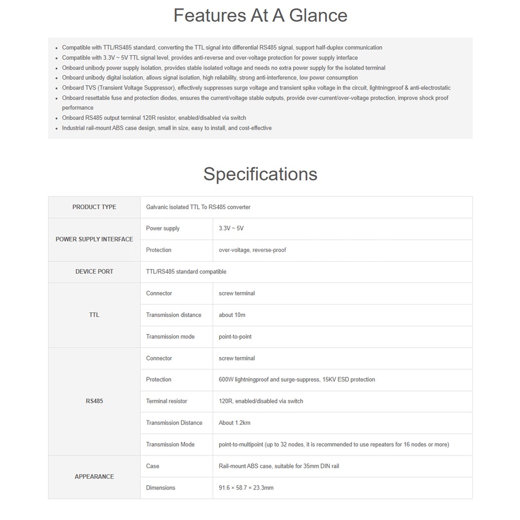 WAVESHARE ตัวแปลงสัญญาณ Rail-mount TTL To RS485 / TTL to RS232 / RS232 To RS485 Galvanic isolated Converter