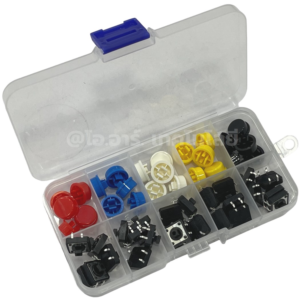 Push Button Kit ชุด ปุ่มกด กดติด-ปล่อยดับ 25ชิ้น PCB Momentary Tactile Push Button Switch with CAP 5สี สีละ5ชิ้น Micro switch