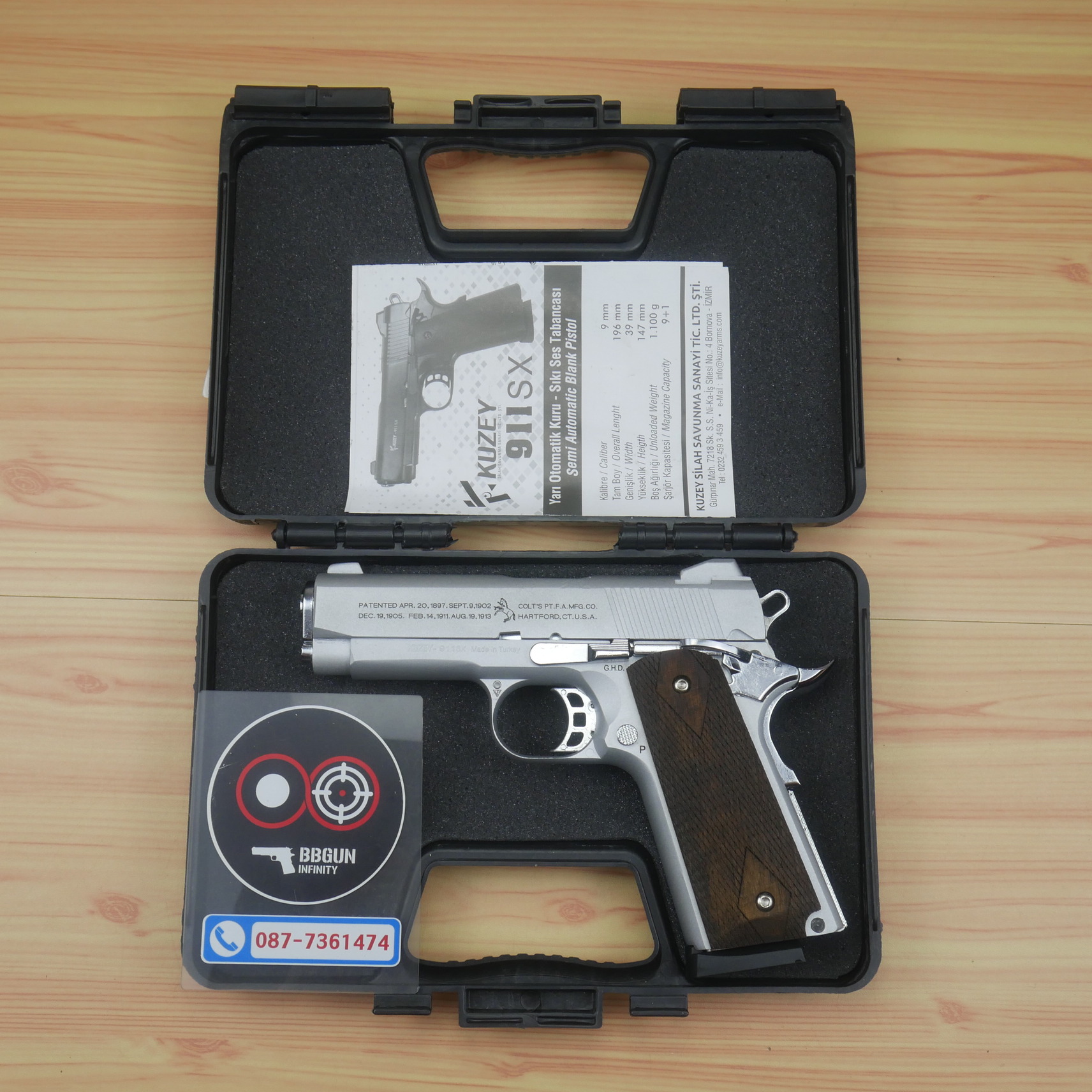 แบลงค์กัน KUZEY M1911 COLT'S 100 ปี สีเงินด้าน 4 นิ้ว ด้ามไม้ blank gun