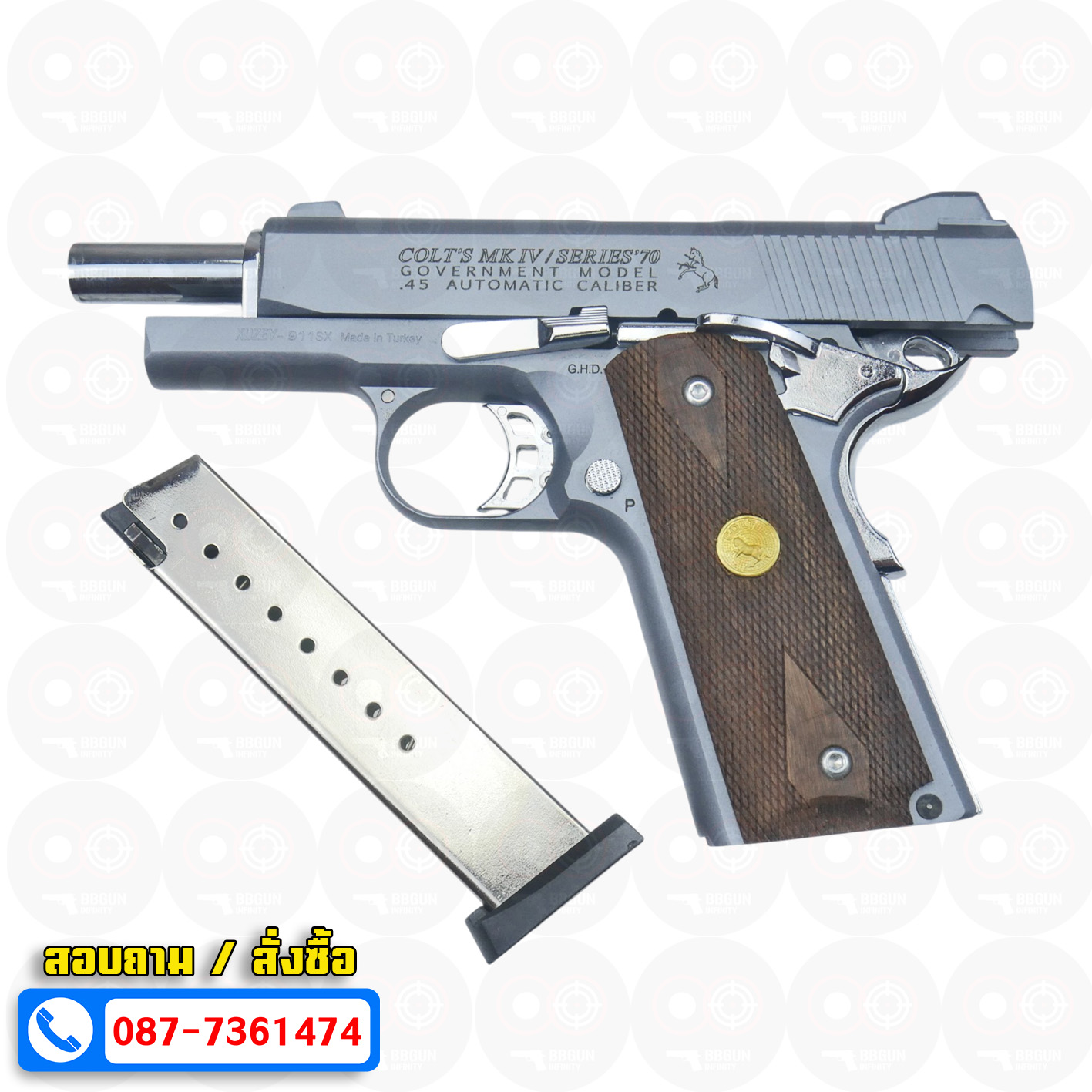 แบลงค์กัน KUZEY M1911 COLT'S MK IV SERIES'70 สีสโม๊ค 4 นิ้ว (smoke) ด้ามไม้ blank gun