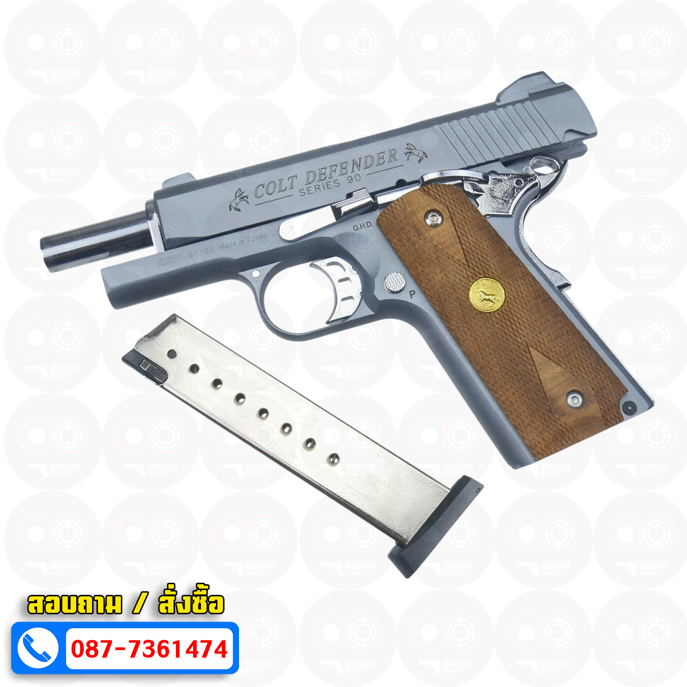 แบลงค์กัน KUZEY M1911 COLT'S DEFENDER SERIES 90 สีสโมค 4 นิ้ว ด้ามไม้ Blank Gun