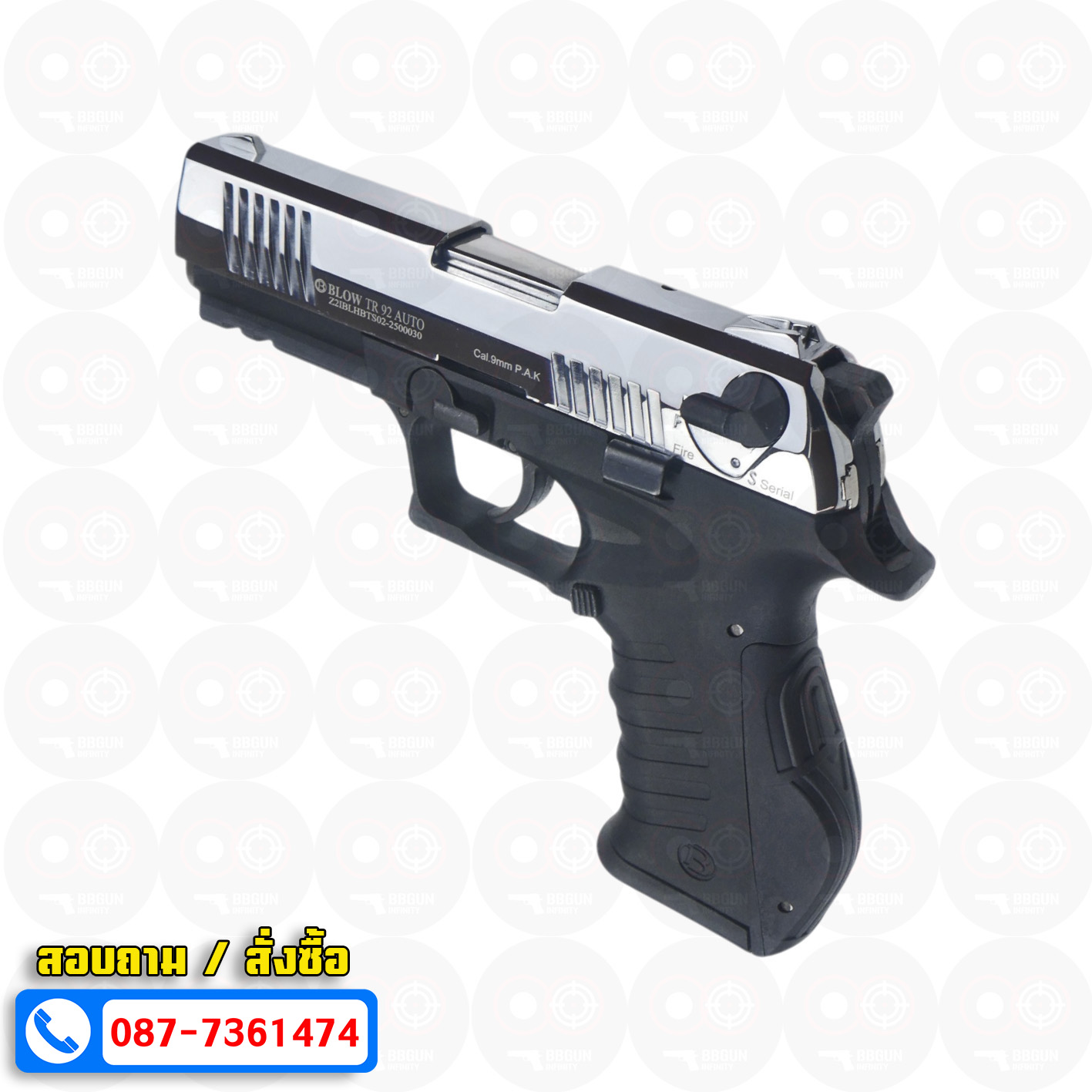 แบลงค์กัน BLOW TR 92 AUTO สีเงินเงา SHINY CHROME Blank Gun ( 2 แม็กกาซีน + กล่องปืน )