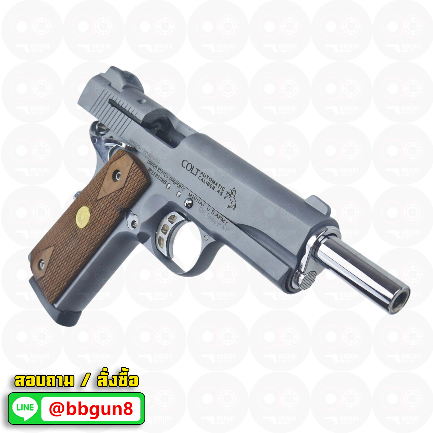 Blank Gun KUZEY M1911 COLT'S DEFENDER SERIES 90 ลำกล้อง 5 นิ้ว สีสโมค แบลงค์กัน ด้ามไม้ (แถมกล่องใส่ปืน)