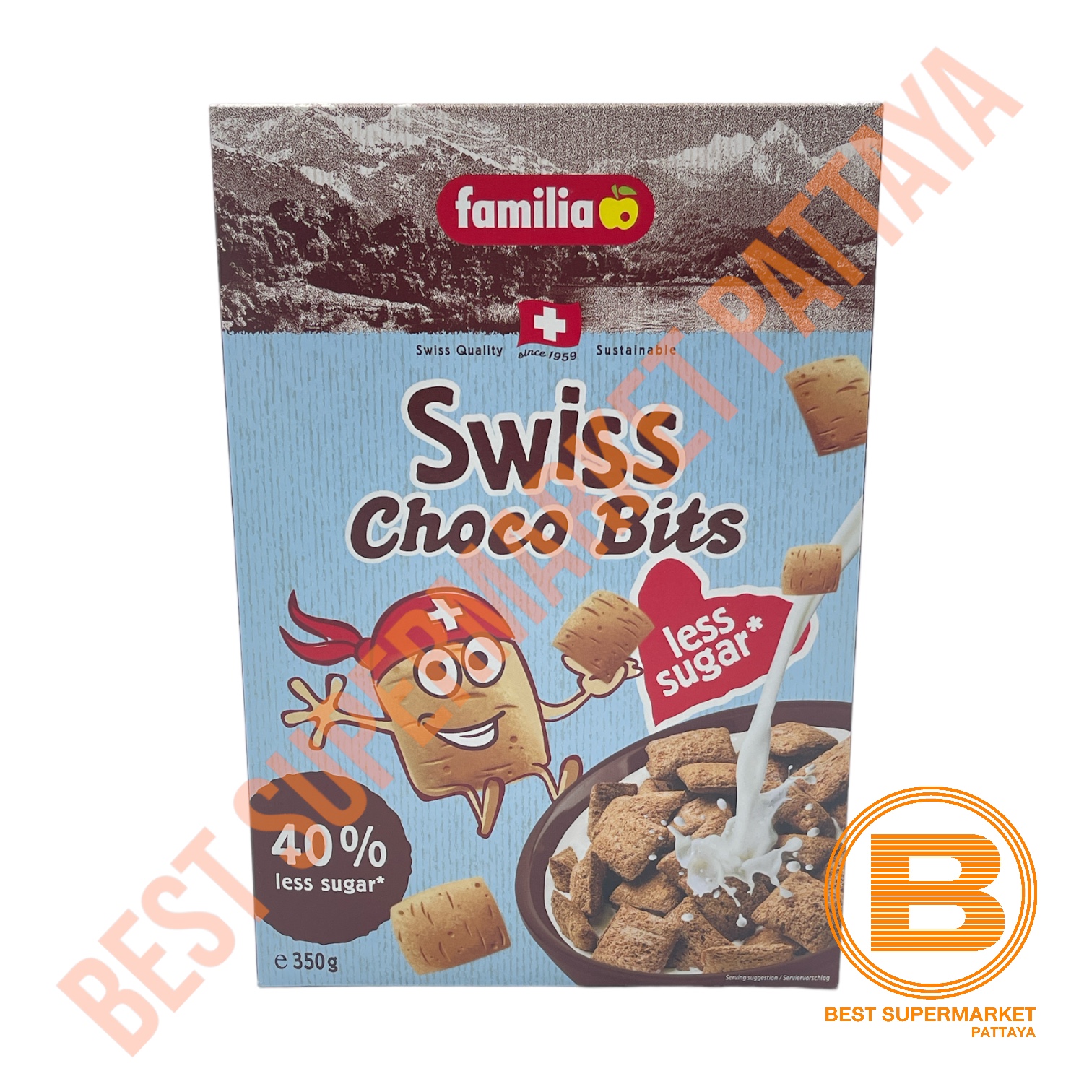แฟมิเลีย สวิส ช็อกโก บิตส์ สูตรหวานน้อย 350 กรัม Familia Swiss Choco Bits Less Sugar 350 g.