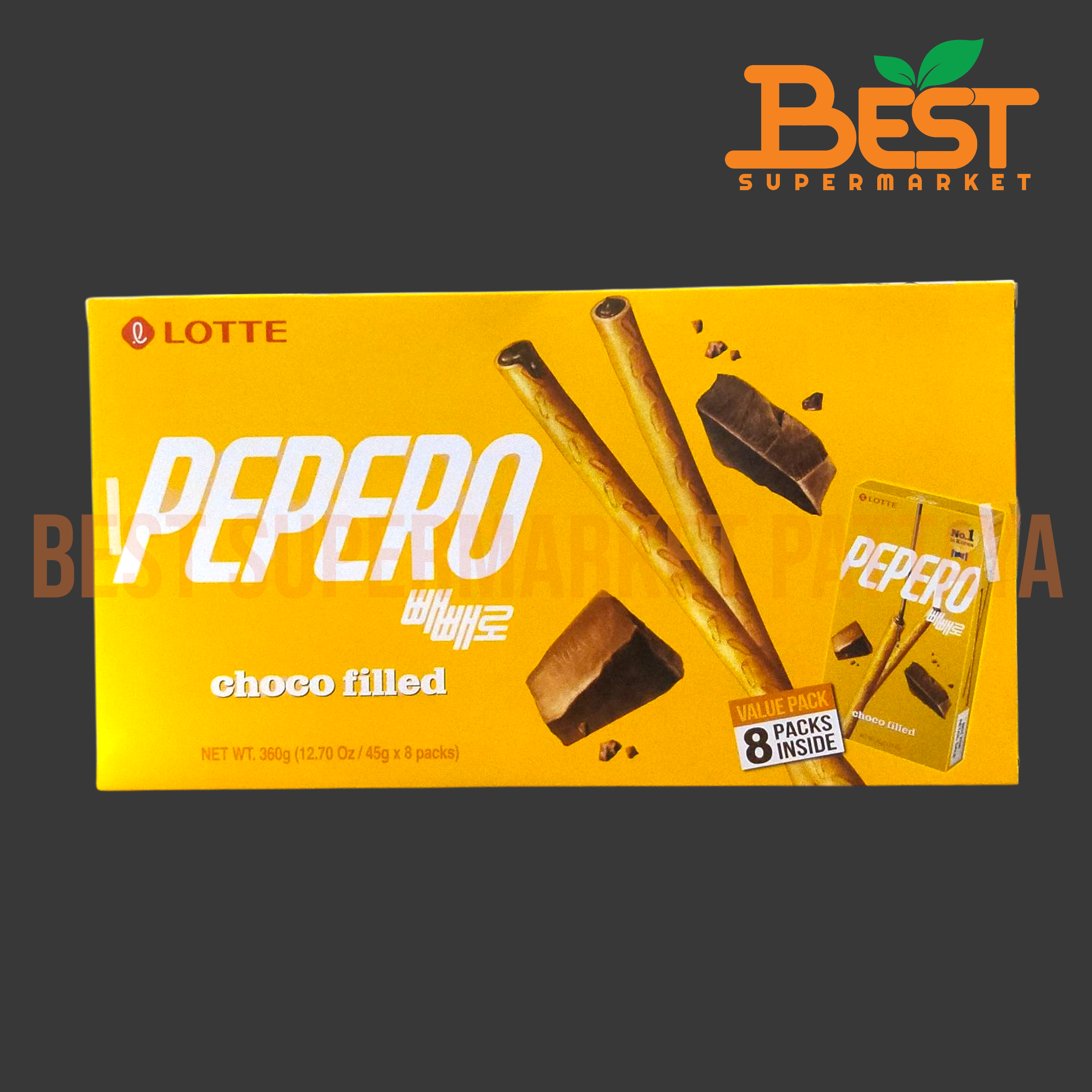 ล็อตเต้ บิสกิตแท่งสอดไส้รสช็อกโกแลต 45กรัม. x 8แพ็ค.Lotte Brand.Choco Filled Pepero 45g. x 8packs
