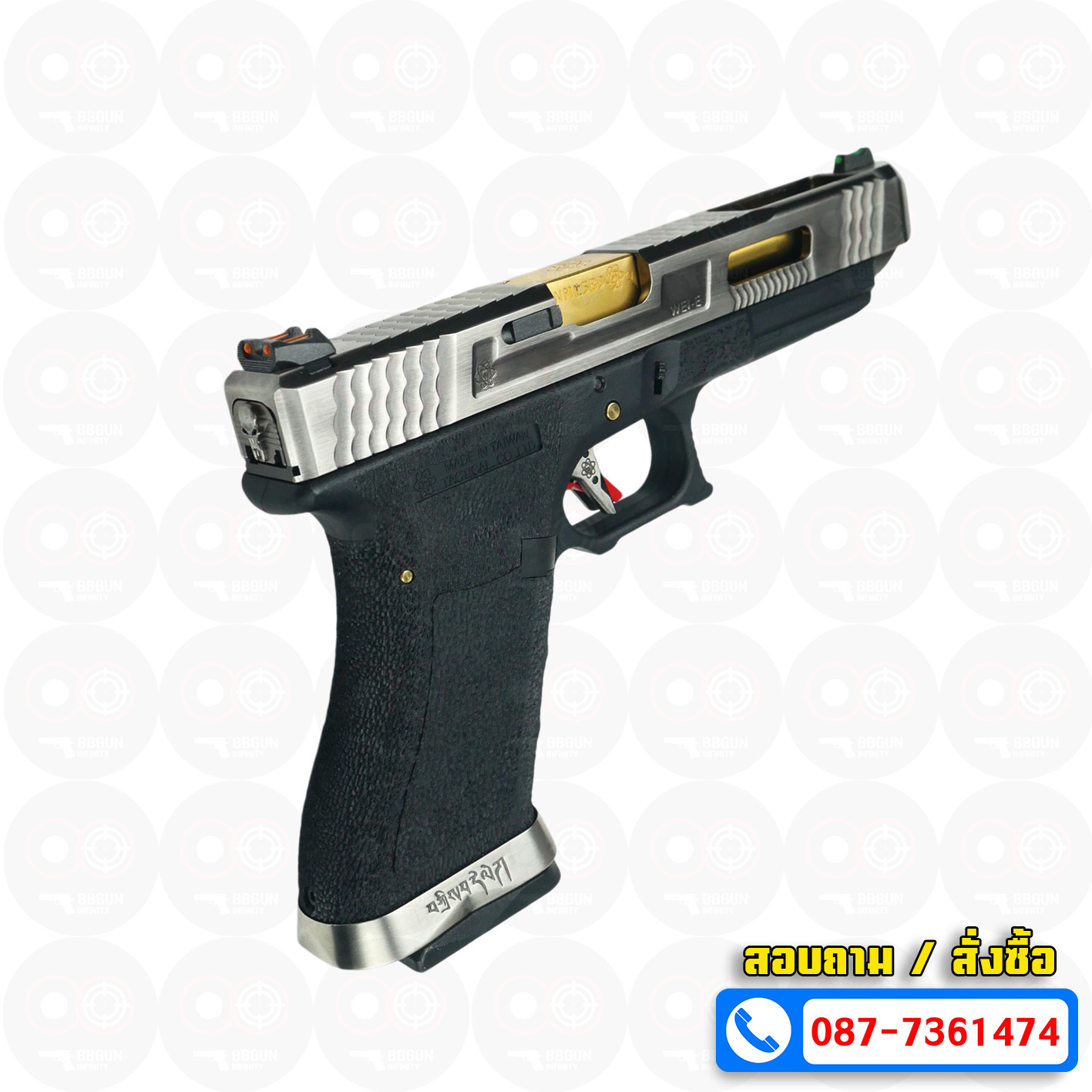 บีบีกันอัดแก๊ส WE G34 T3 G-Force GBB Glock 34 เฟรมดำ สไลด์เงิน ท่อทอง BB GUN