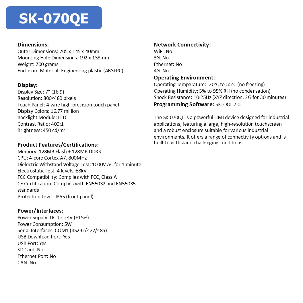 SAMKOON HMI SK-070QE V3 จอทัชสกรีน 7.0" HMI Touch Screen 7.0" Human Machine Interface SK-070QEV3