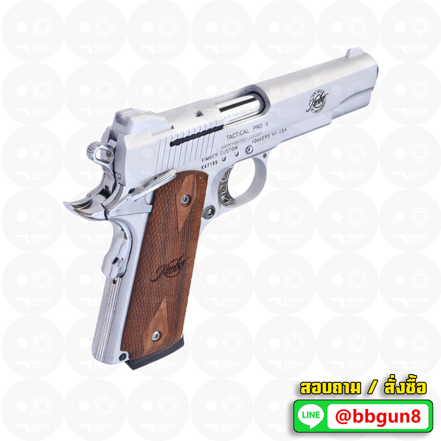 แบลงค์กัน KUZEY M1911 ลำกล้อง 5 นิ้ว KIMBER blank gun สีเงินด้าน ด้ามไม้ (แถมกล่องใส่ปืน)