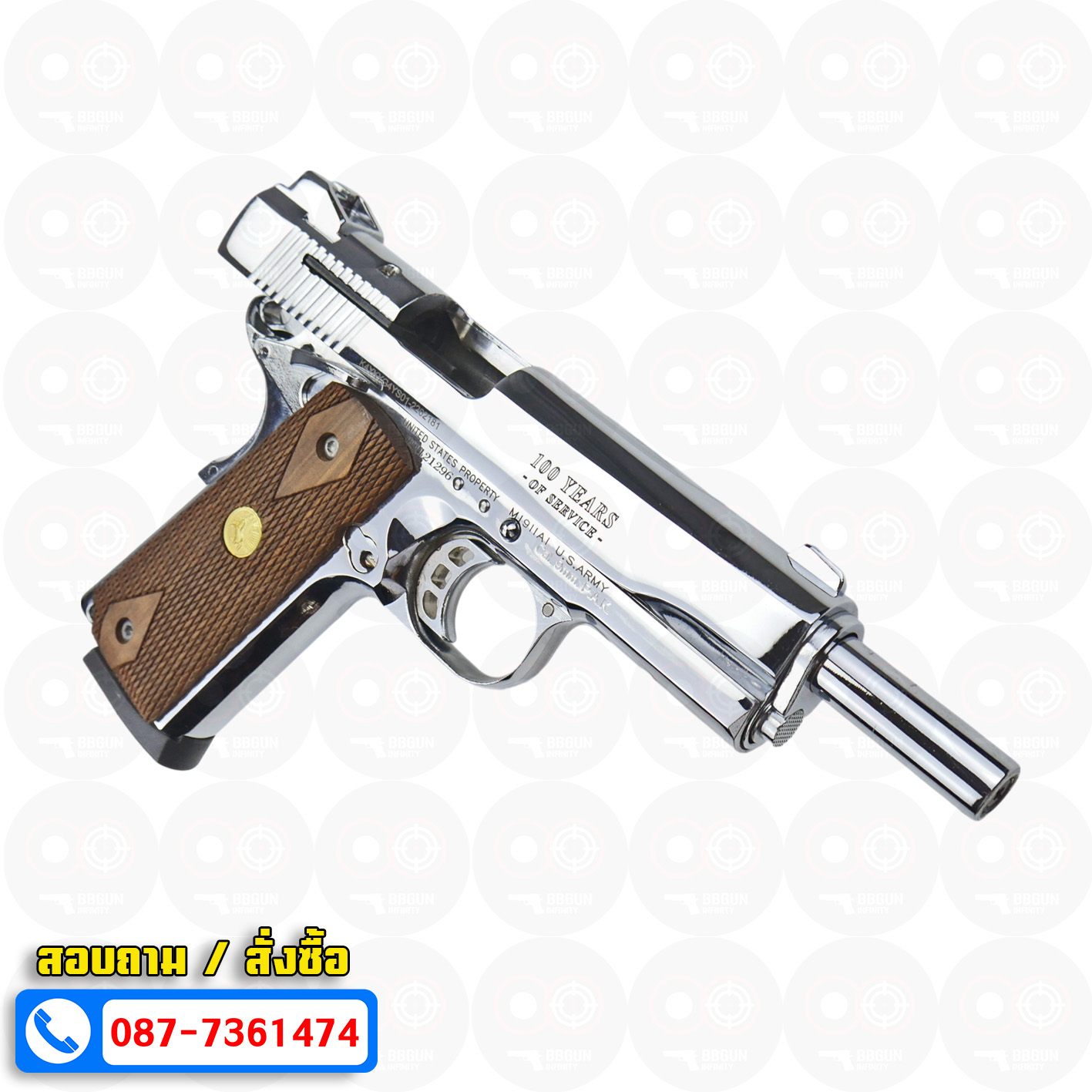 แบลงค์กัน KUZEY M1911 COLT'S 100 ปี สีเงินเงา ลำกกล้อง 5 นิ้ว blank gun ด้ามไม้ (แถมกล่องใส่ปืน)
