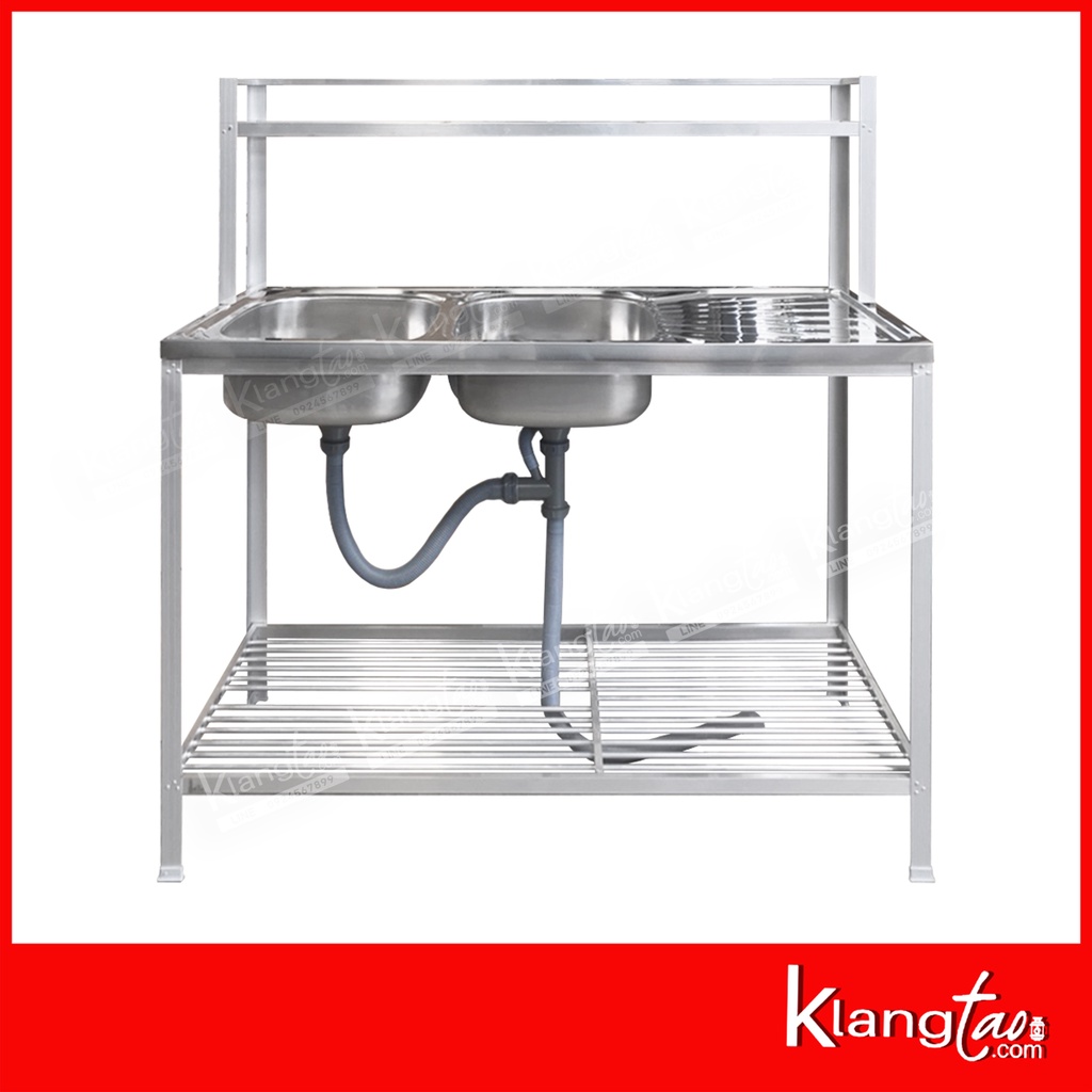 อ่างล้างจาน อ่างคู่ 50x120x126 ซม. ชั้นวาง 1 ชั้น+ต่อบน ซิงค์ล้างจาน สแตนเลส ขาอลูมิเนียม | พร้อม ก๊อกน้ำคอดัดได้อิสระ
