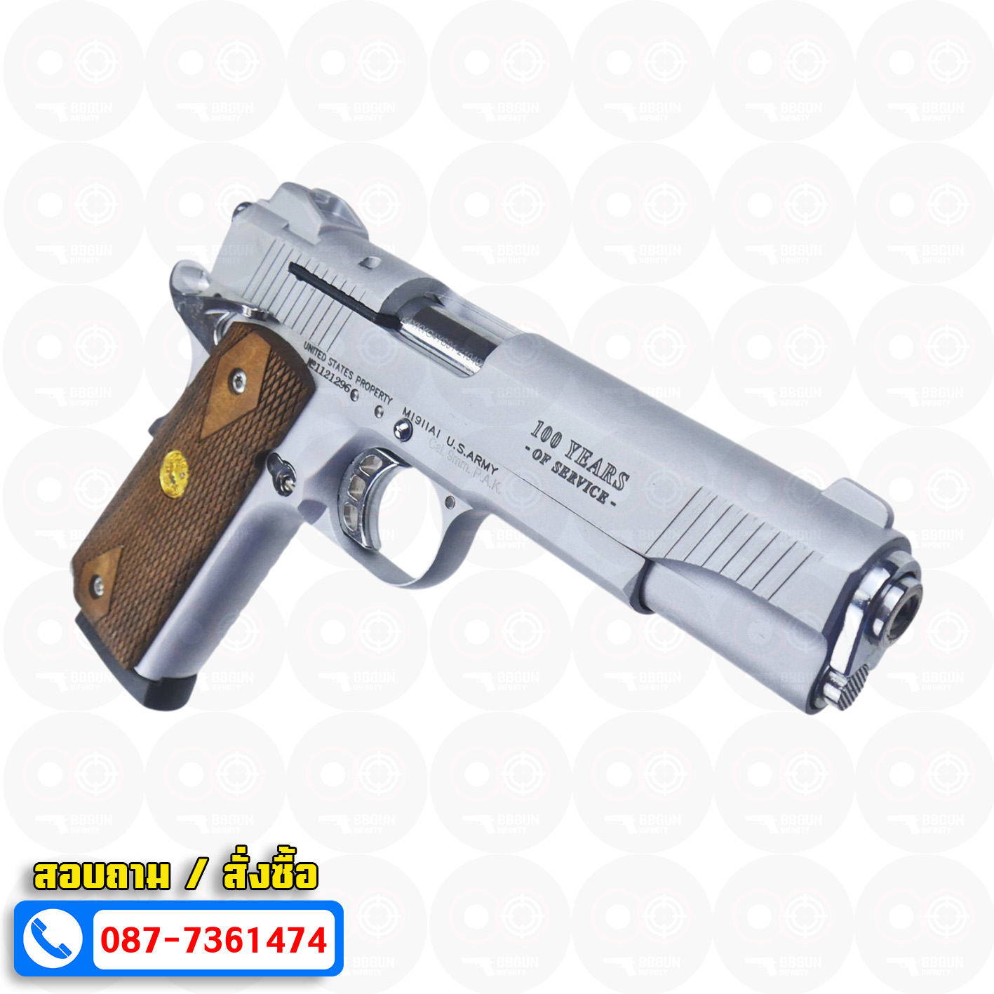 แบลงค์กัน KUZEY M1911 ลำกล้อง 5 นิ้ว COLT GOVERMENT 100 Year สีเงินด้าน blank gun ด้ามไม้ (แถมกล่องใส่ปืน)