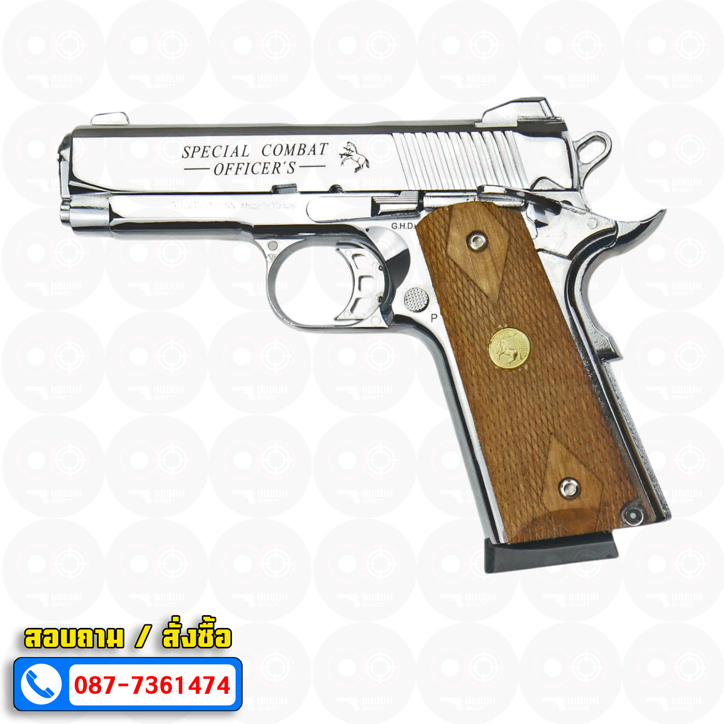 แบลงค์กัน KUZEY Special Combat Officer's ลำกล้อง 4 นิ้ว สีเงินเงา blank gun ด้ามไม้ (แถมกล่องใส่ปืน)