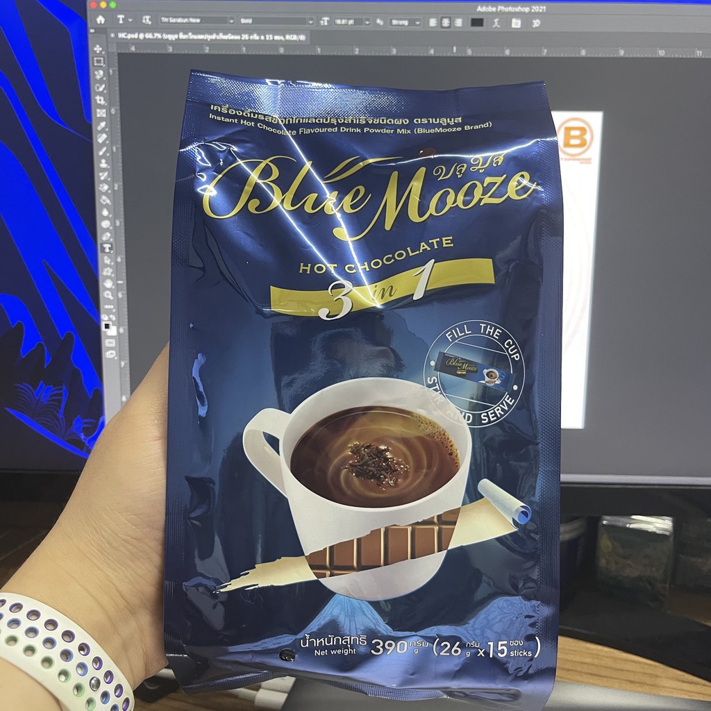 บลูมูส ช็อกโกแลตปรุงสำเร็จชนิดผง 26 กรัม x 15 ซอง BlueMooze Instant 3 in 1 Hot Chocolate 26 g. x 15 Sticks