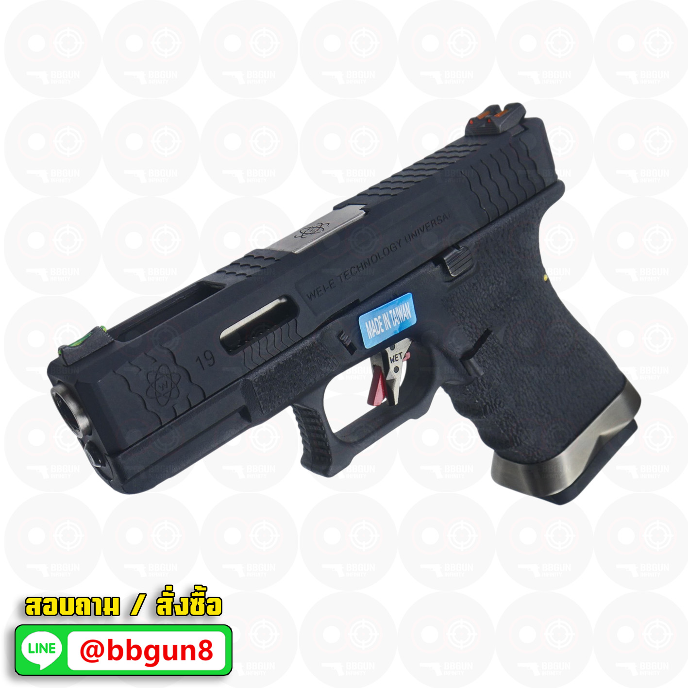 บีบีกันอัดแก๊ส WE Glock 19 G-Force T5 เฟรมดำ สไลด์ดำ ท่อเงิน BB GUN