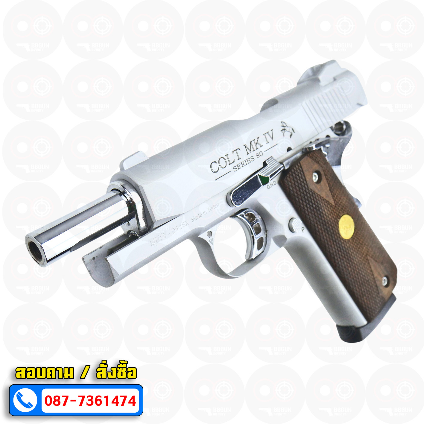 Blank Gun KUZEY M1911 COLT MK IV SERIES 80 ลำกล้อง 4 นิ้ว เงินด้าน แบลงค์กัน ด้ามไม้ (แถมกล่องใส่ปืน)