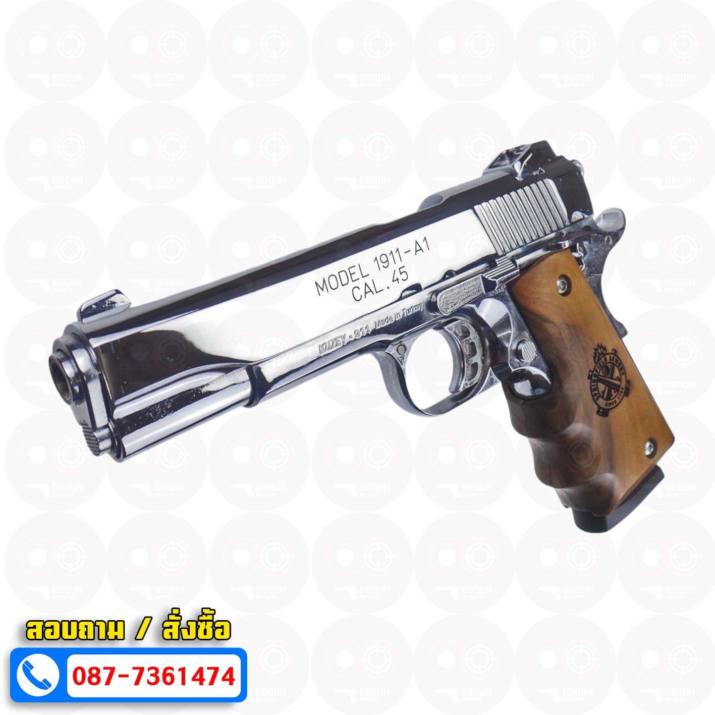 แบลงค์กัน KUZEY M1911-A1 ลำกล้อง 5 นิ้ว SPRINGFIELD ARMORY สีเงินเงา blank gun ด้ามไม้ (แถมกล่องใส่ปืน)