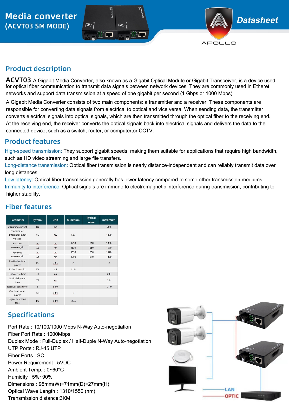ACVT-03 10/100/1000 3KM Media Converter