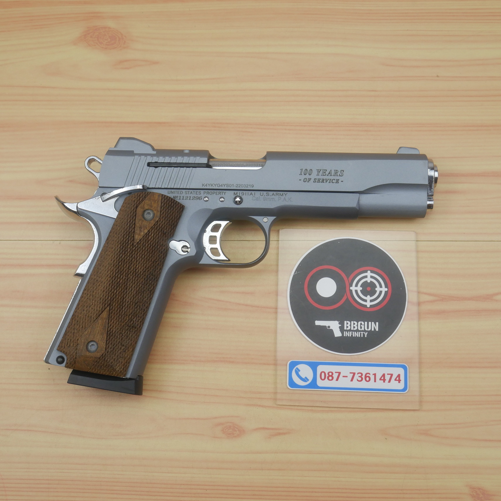 แบลงค์กัน KUZEY M1911 COLT GOVERMENT 100 Year Smoke 5 นิ้ว สีสโมค blank gun ด้ามไม้