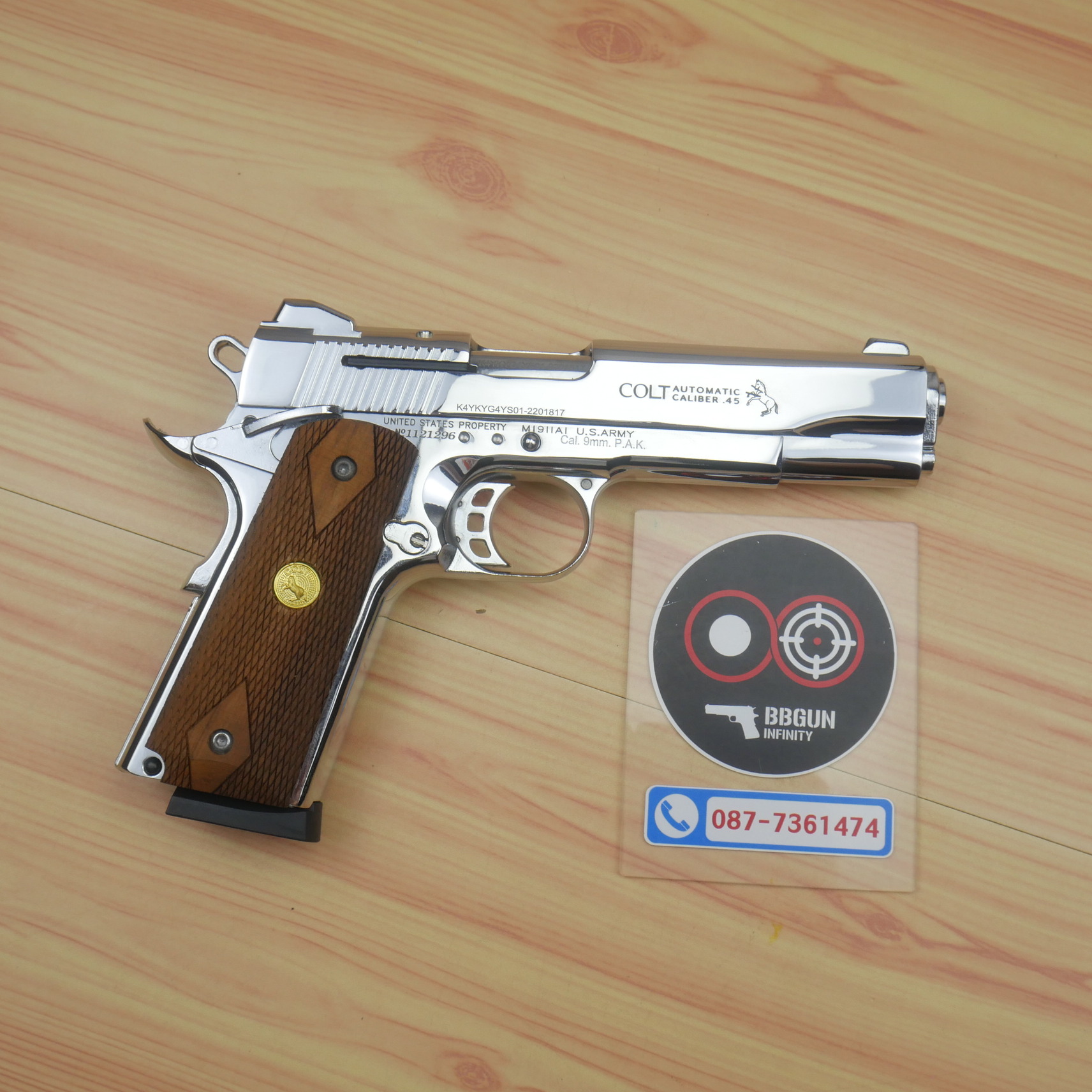 แบลงค์กัน KUZEY M1911 COLT MK IV SR70 สีเงินเงา 5 นิ้ว ด้ามไม้ (แถมกล่องใส่ปืน) blank gun