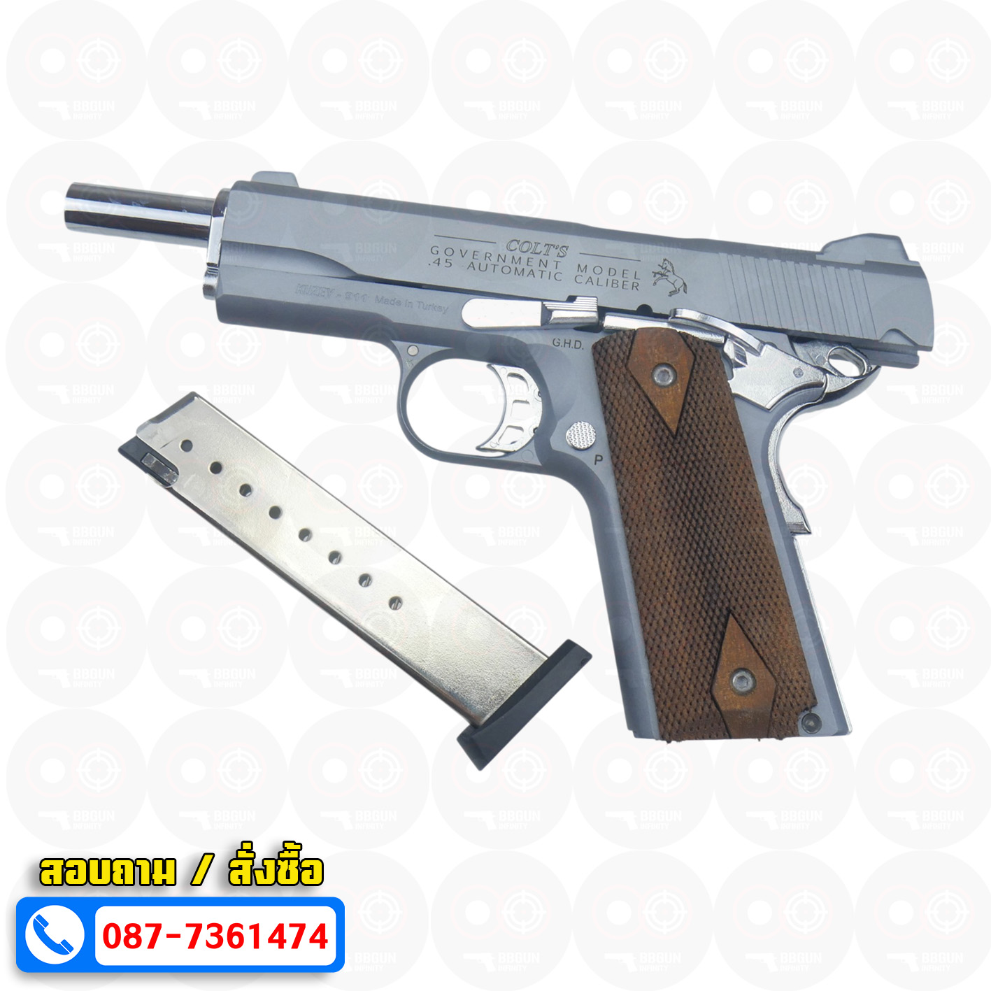 แบลงค์กัน KUZEY M1911 COLT GOVERMENT 100 Year Smoke 5 นิ้ว สีสโมค blank gun ด้ามไม้