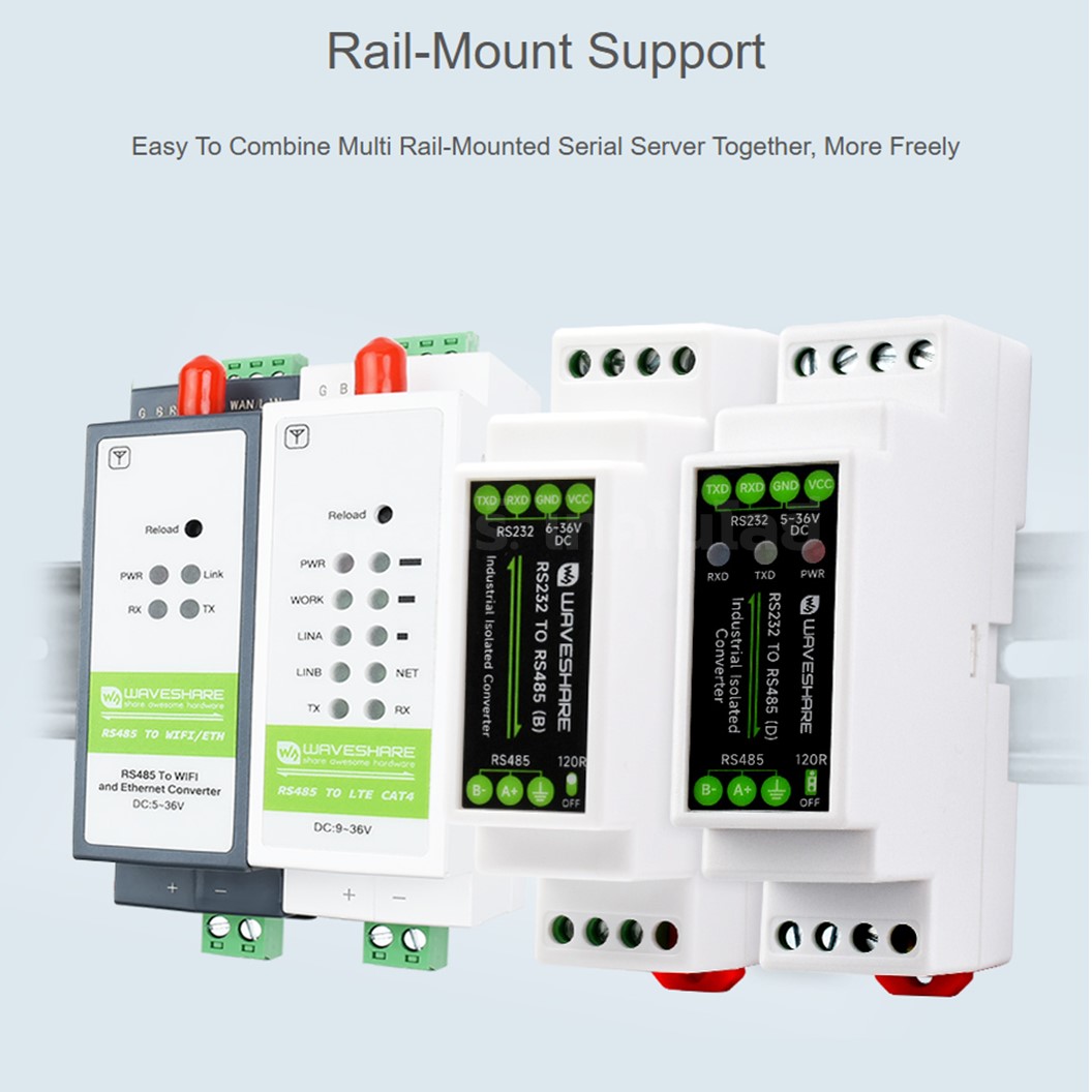 ZE201 WAVESHARE RS232 TO RS485 (D) with LED Converter Active Digital Isolator, Rail-Mount, 600W Lightningproof & Anti-Surge, Multi-isolation protection