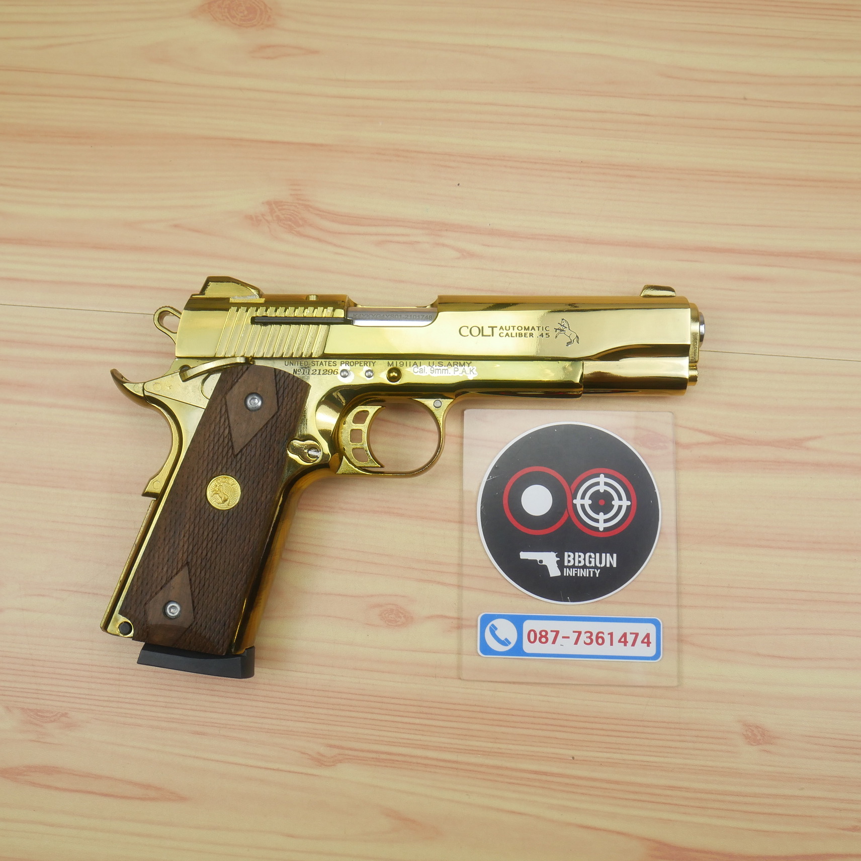 แบลงค์กัน KUZEY M1911 Colt MK IV 80 สีทอง ลำกล้อง 5 นิ้ว blank gun ด้ามไม้
