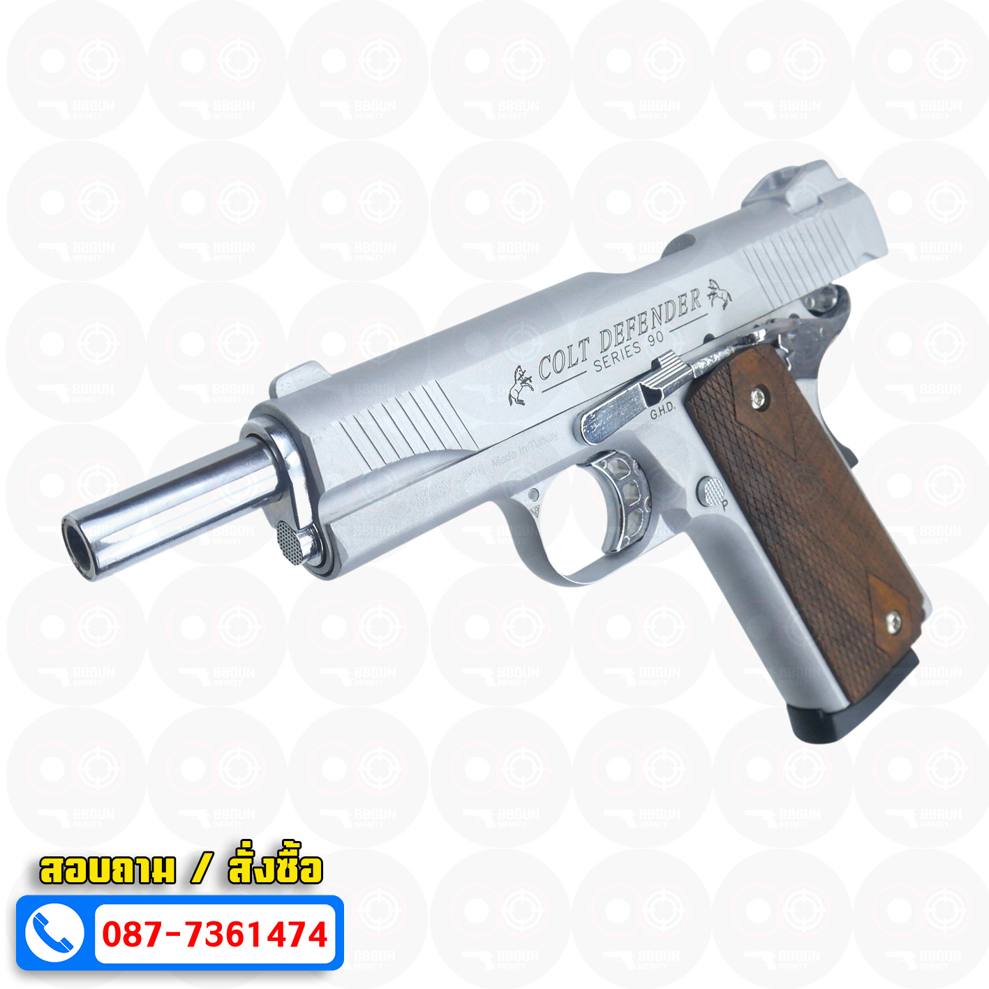 แบลงค์กัน KUZEY M1911 COLT'S DEFENDER SERIES 90 สีเงินด้าน 5 นิ้ว ด้ามไม้ Blank Gun