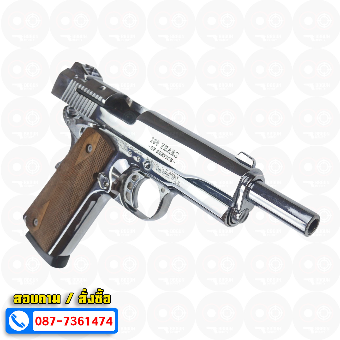 แบลงค์กัน KUZEY M1911 COLT'S 100 ปี สีเงินเงา ลำกกล้อง 5 นิ้ว blank gun ด้ามไม้