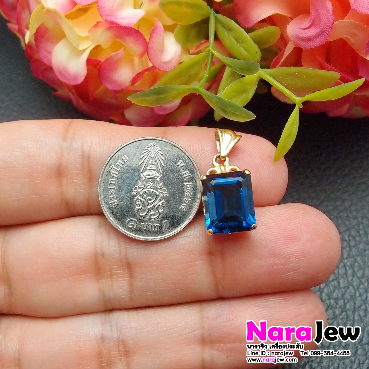 จี้พลอยแท้ ลอนดอนบลูโทพาซ เม็ดใหญ่ นน. 6.4 กะรัต ทรงสี่เหลี่ยม