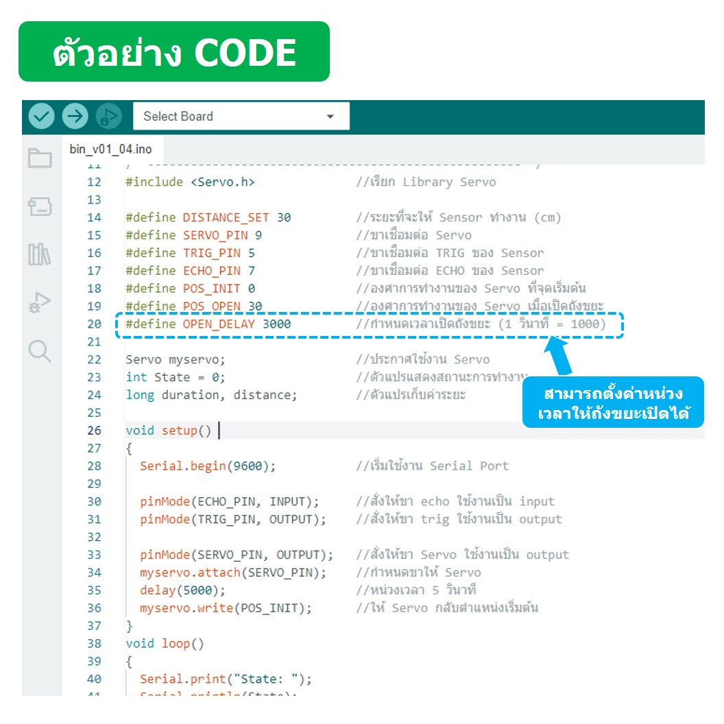 (1ชุด) PJ-RF004 ชุด ถังขยะอัตโนมัติ V2 Arduino UNO R3 พร้อม Code และคำอธิบาย ชุดส่งเสริมการเรียนรู้ (เปิด-ปิด โดยใช้ Ultrasonic sensor และ servo)